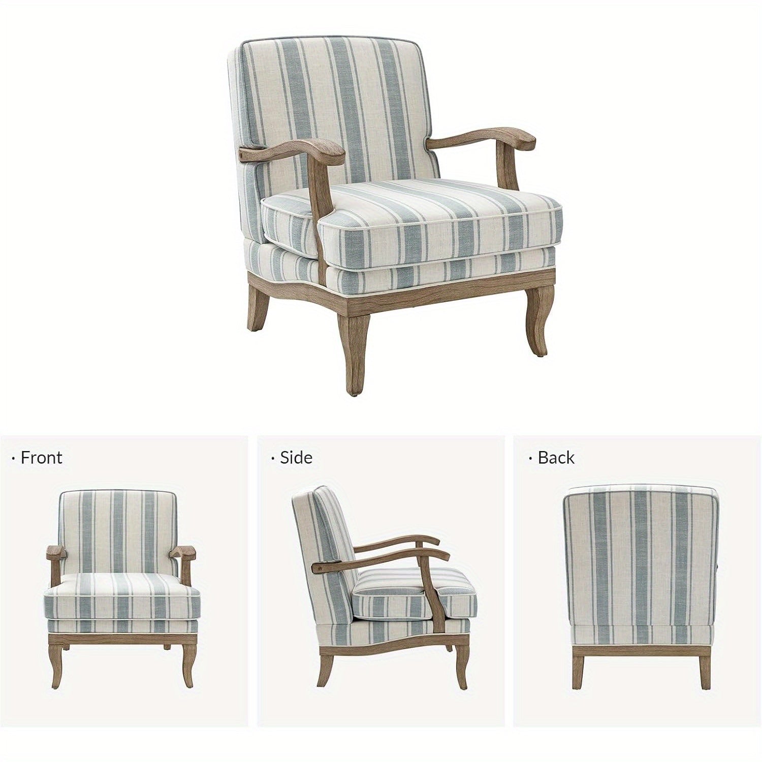 Upholstered Accent Chair, Mid-Century Modern Striped Chair with Graceful Curves and Wooden Legs, Comfy Lounge Armchair Striped Accent Chairs for Living Room, Bedroom