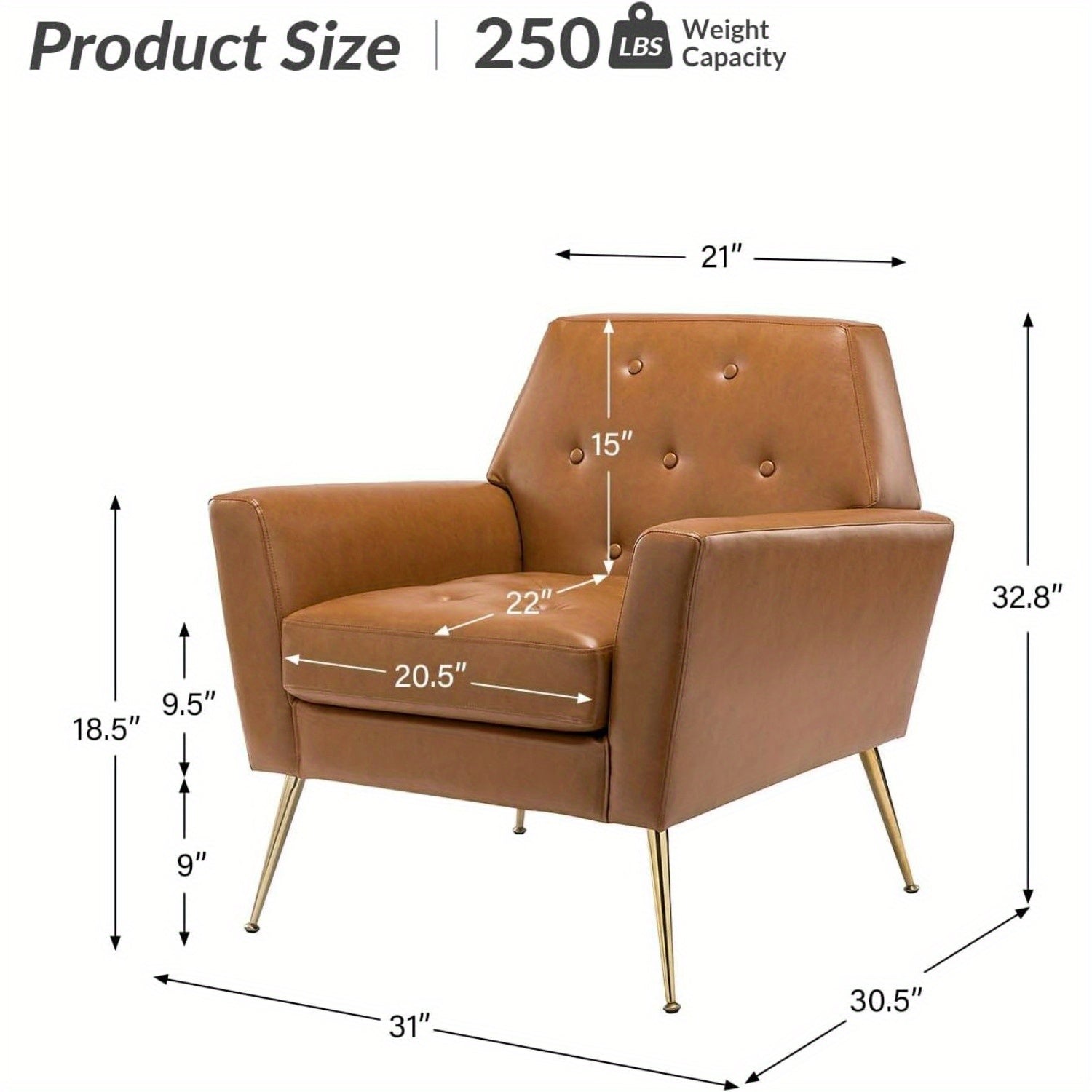 Modern Faux Leather Accent Chair, Comfy Upholstered Armchair with Gold Legs, Button Tufted Sofa Chair for Living Room Bedroom