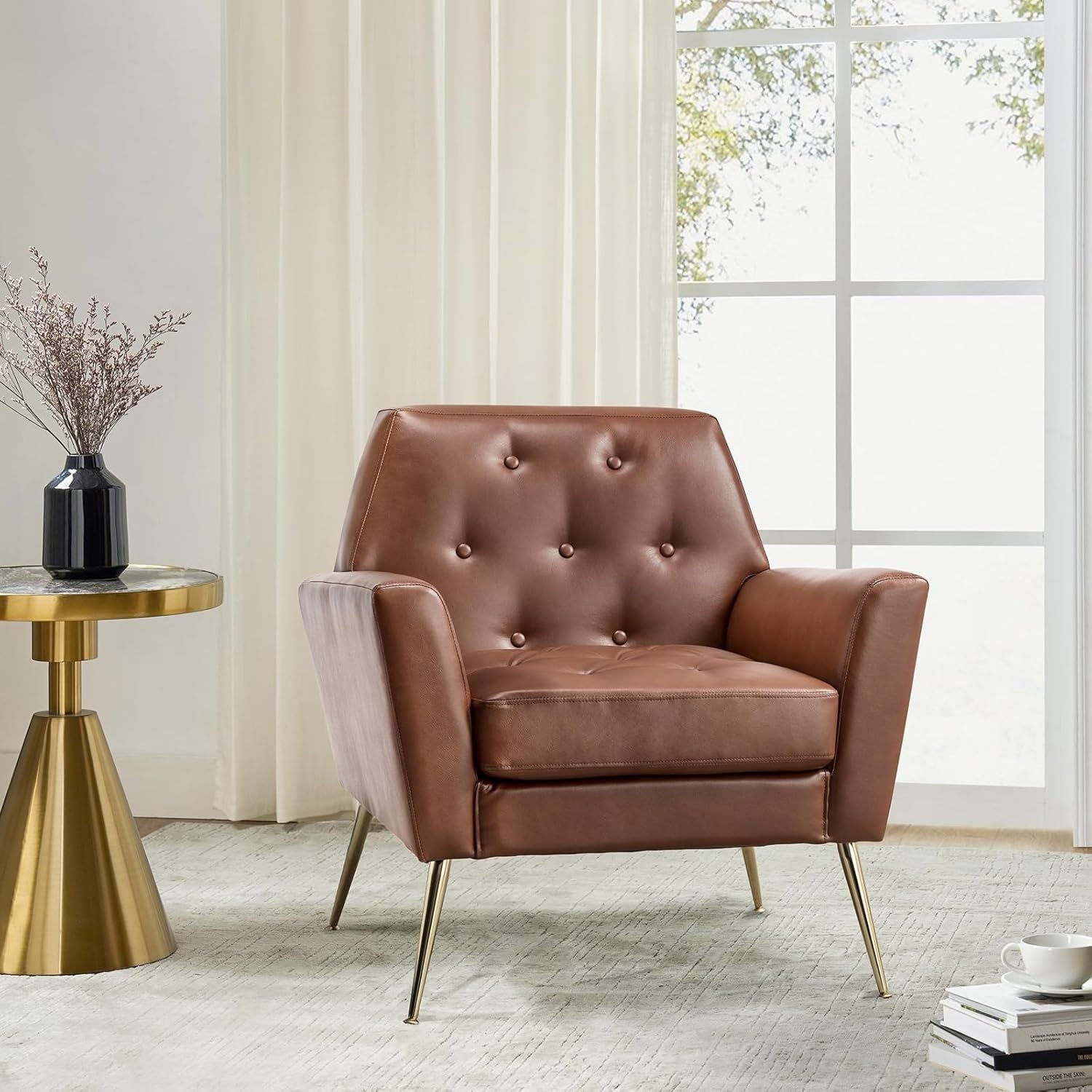 Modern Faux Leather Accent Chair, Comfy Upholstered Armchair with Gold Legs, Button Tufted Sofa Chair for Living Room Bedroom