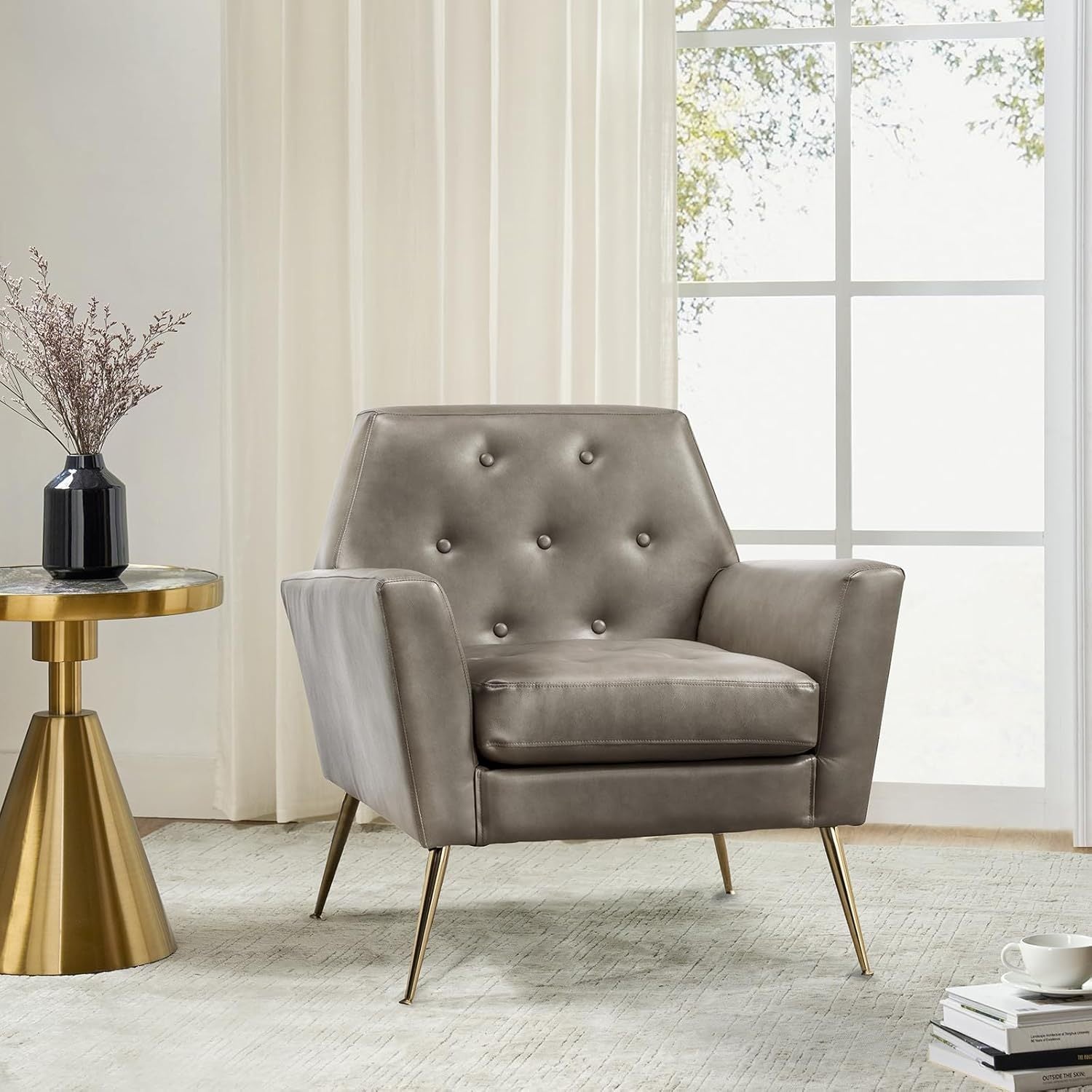 Modern Faux Leather Accent Chair, Comfy Upholstered Armchair with Gold Legs, Button Tufted Sofa Chair for Living Room Bedroom