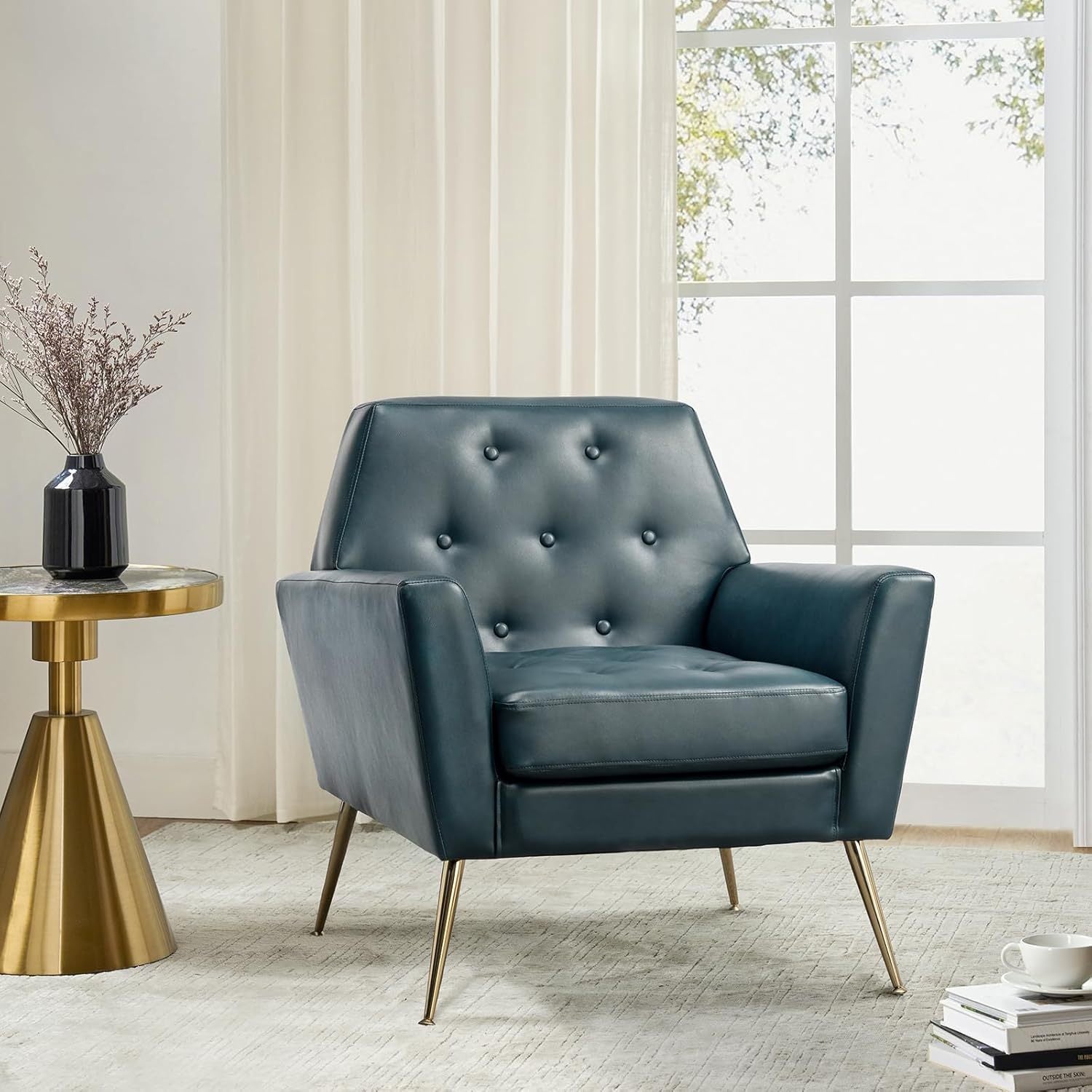 Modern Faux Leather Accent Chair, Comfy Upholstered Armchair with Gold Legs, Button Tufted Sofa Chair for Living Room Bedroom