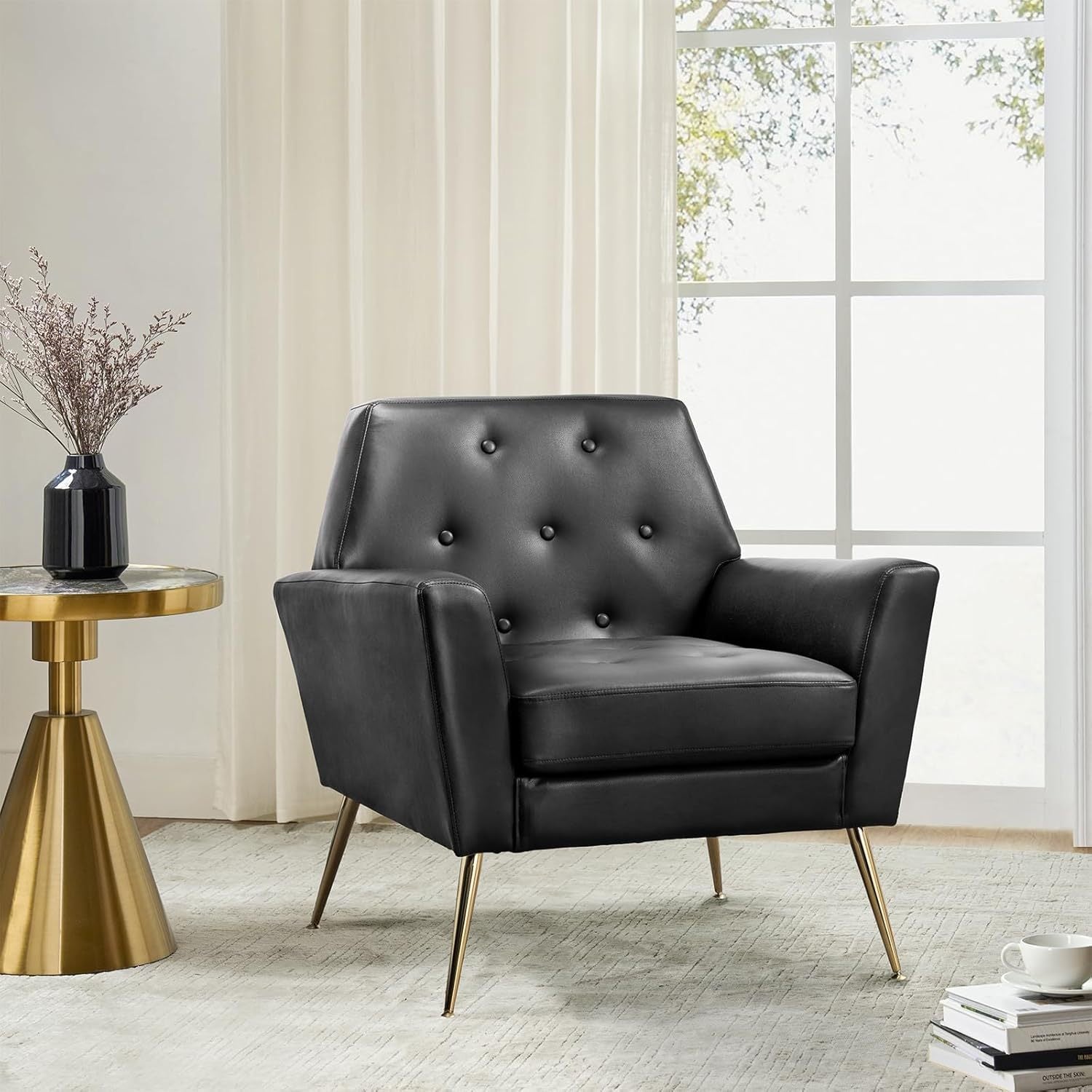 Modern Faux Leather Accent Chair, Comfy Upholstered Armchair with Gold Legs, Button Tufted Sofa Chair for Living Room Bedroom