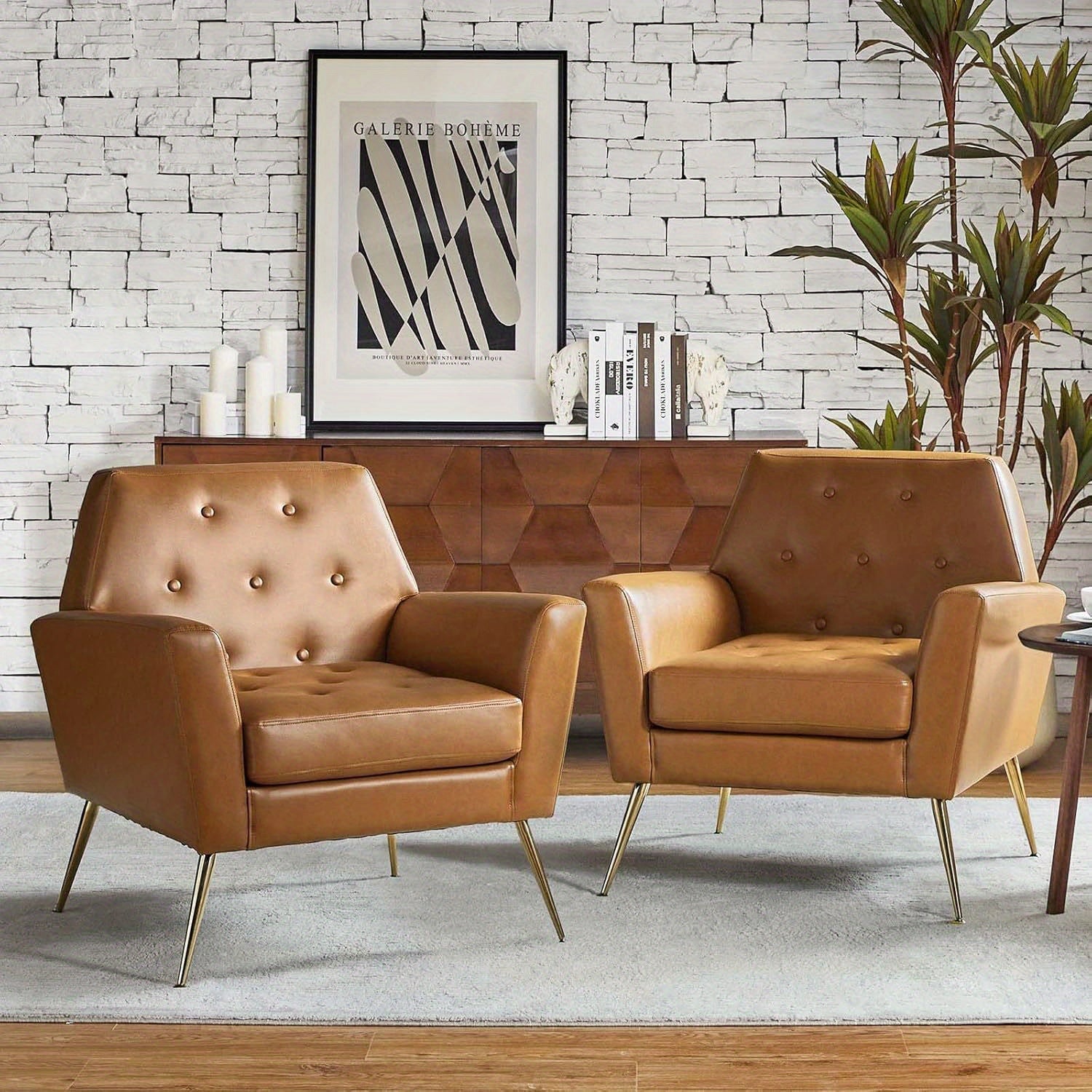 Modern Faux Leather Accent Chair, Comfy Upholstered Armchair with Gold Legs, Button Tufted Sofa Chair for Living Room Bedroom