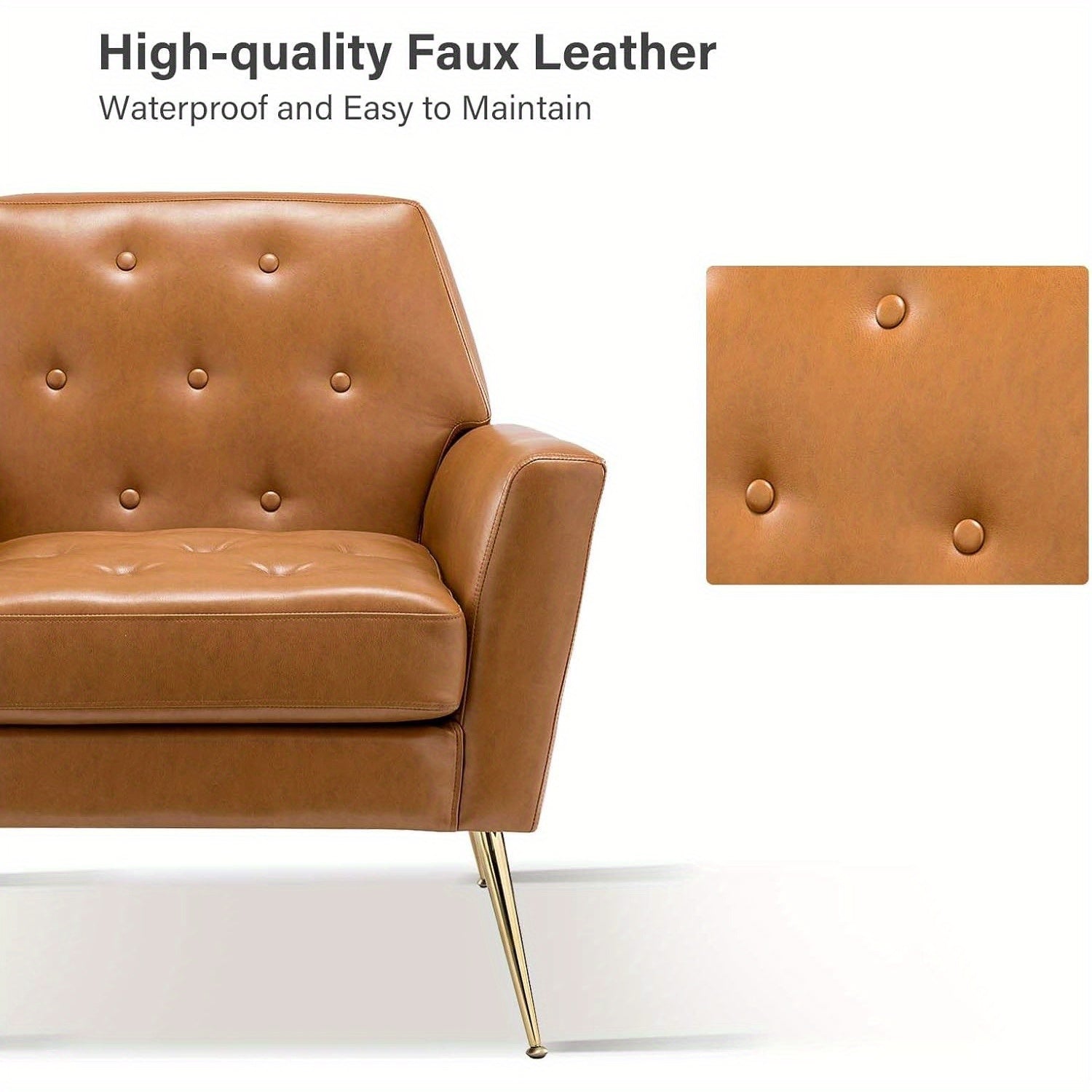 Modern Faux Leather Accent Chair, Comfy Upholstered Armchair with Gold Legs, Button Tufted Sofa Chair for Living Room Bedroom