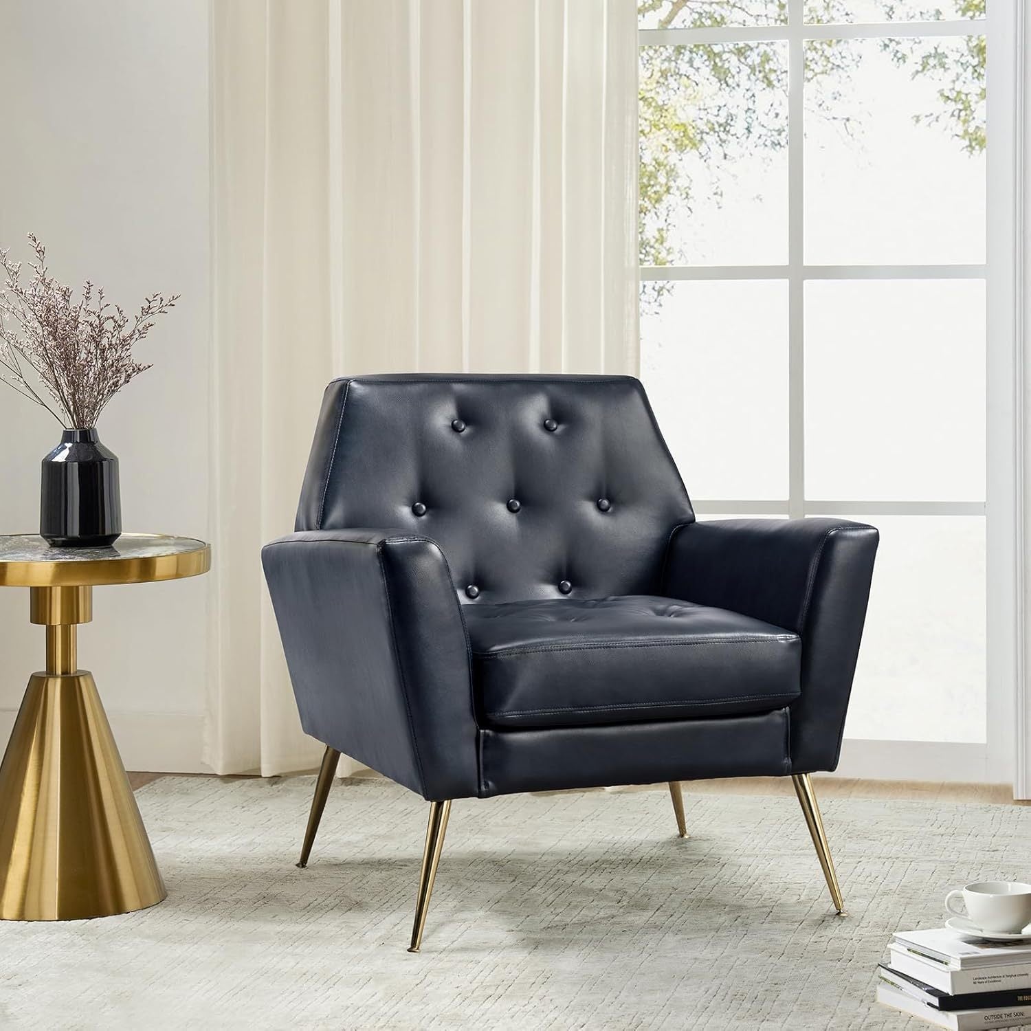 Modern Faux Leather Accent Chair, Comfy Upholstered Armchair with Gold Legs, Button Tufted Sofa Chair for Living Room Bedroom