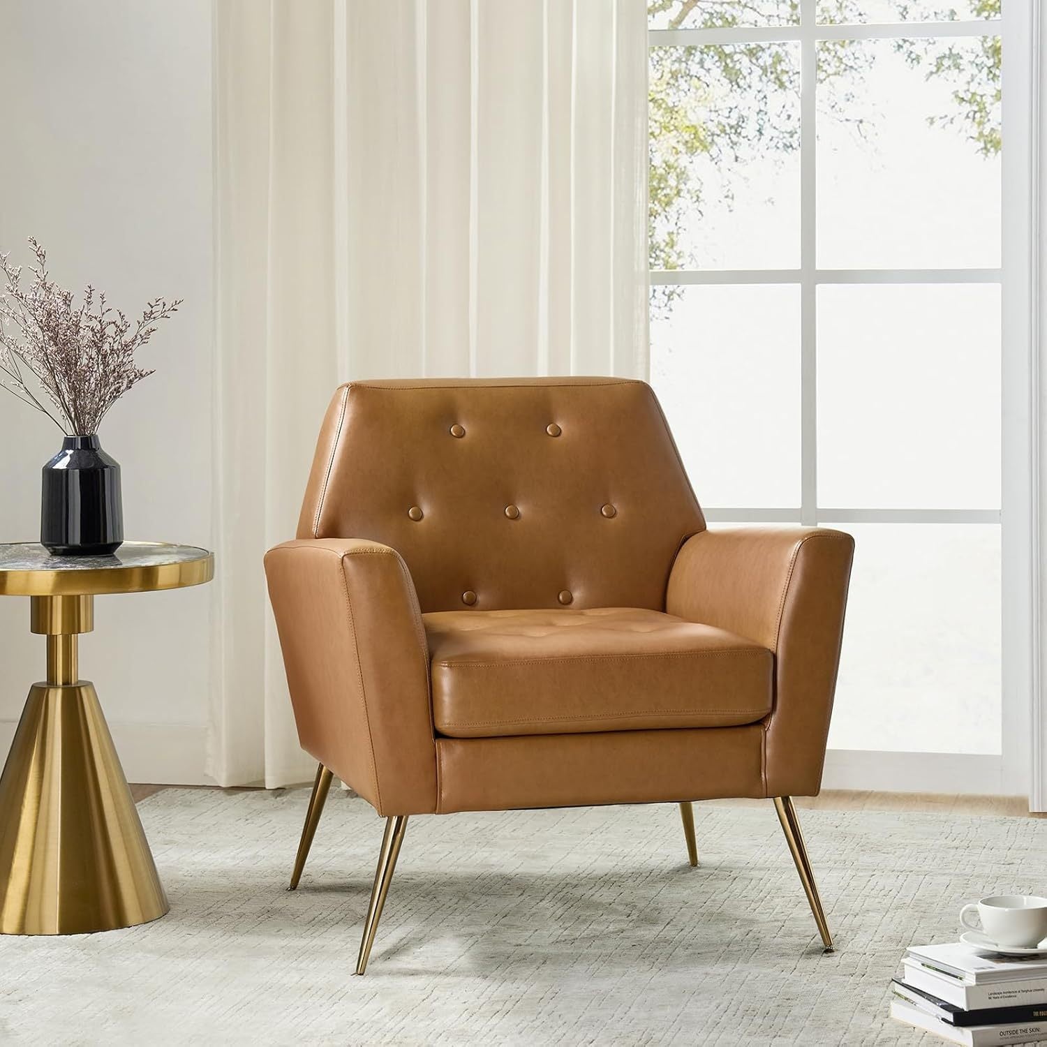 Modern Faux Leather Accent Chair, Comfy Upholstered Armchair with Gold Legs, Button Tufted Sofa Chair for Living Room Bedroom