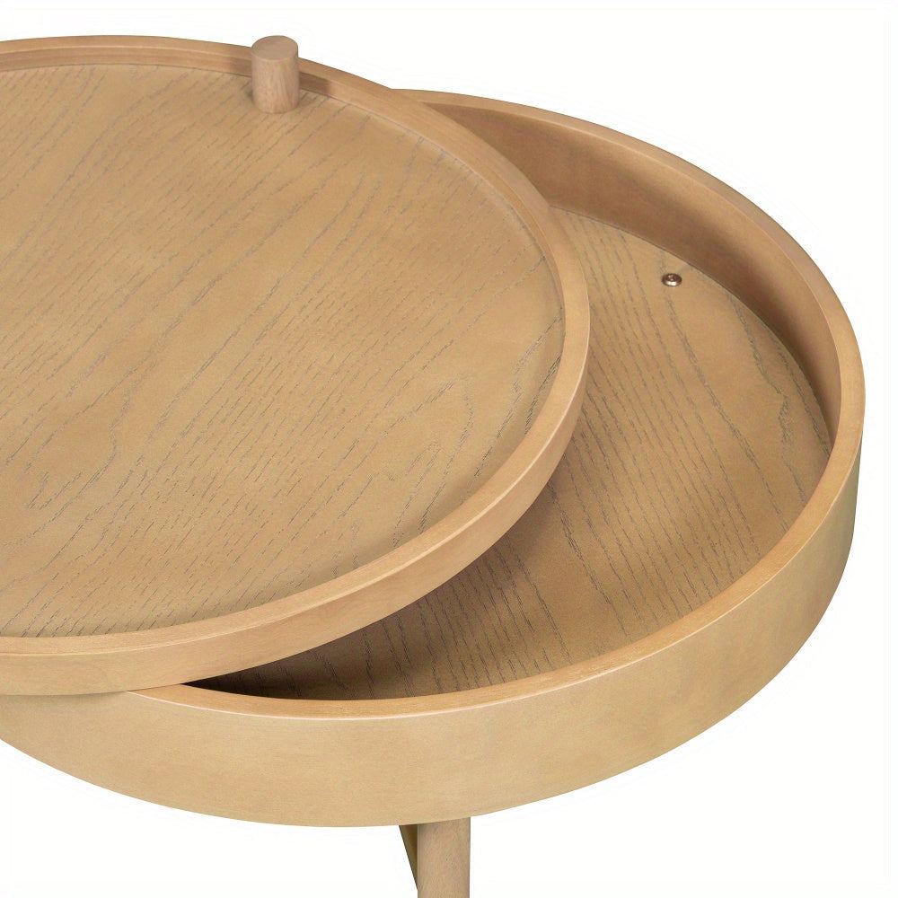 Modern Round Wood Rotating Tray Coffee Table with Storage & Metal Legs in Natural