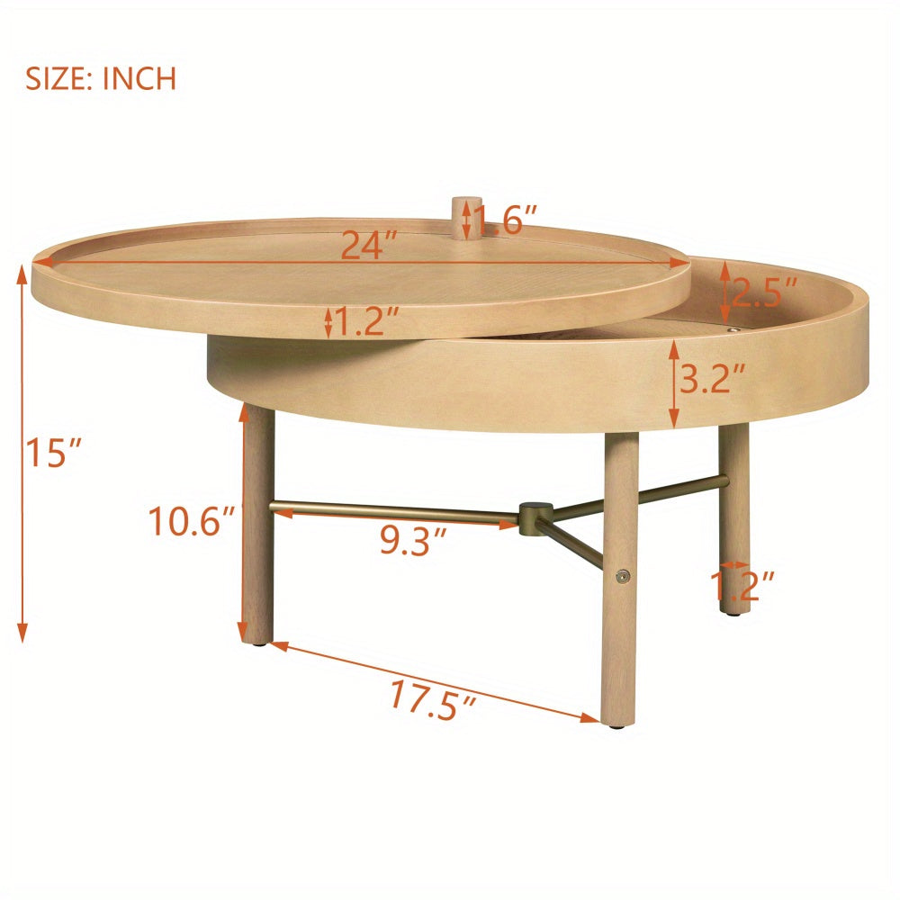 Modern Round Wood Rotating Tray Coffee Table with Storage & Metal Legs in Natural