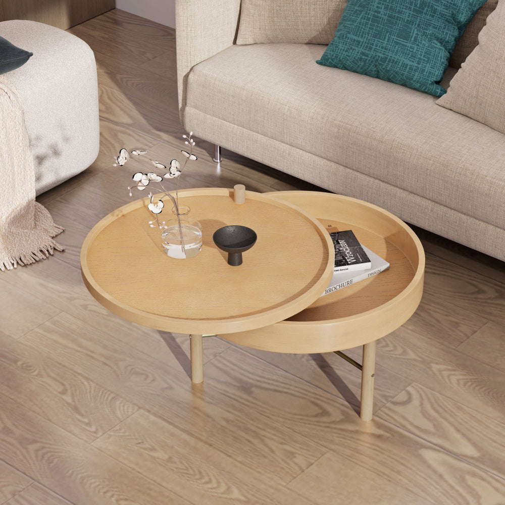 Modern Round Wood Rotating Tray Coffee Table with Storage & Metal Legs in Natural