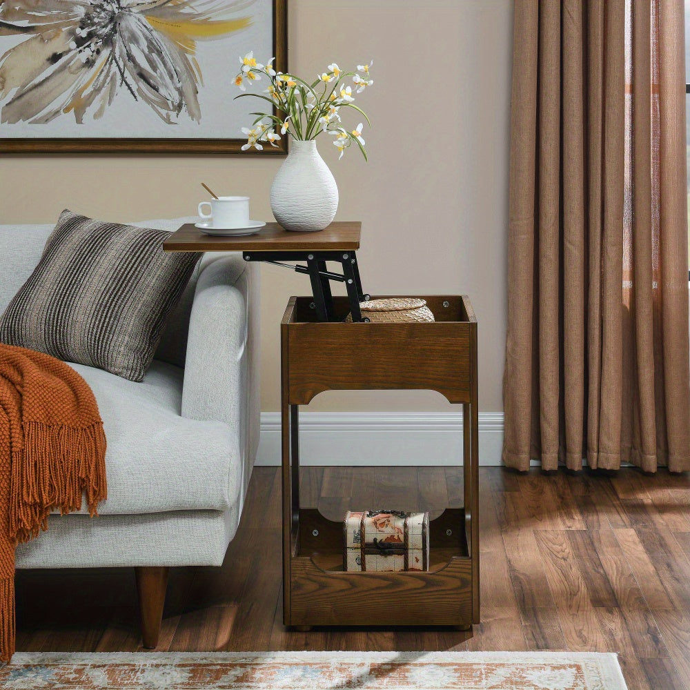 Mid Century Modern Fluted Coffee Table with Storage Sliding Door & Solid Wood Leg Vintage Farmhouse Wood Center Table