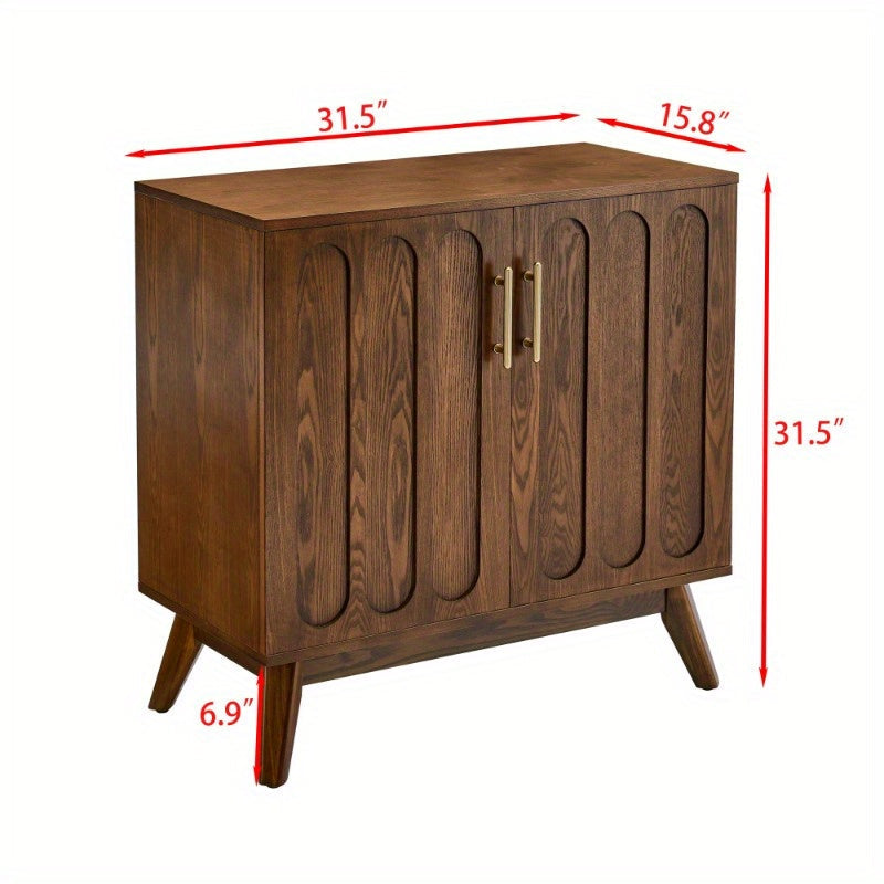 Mid Century Modern Fluted Coffee Table with Storage Sliding Door & Solid Wood Leg Vintage Farmhouse Wood Center Table