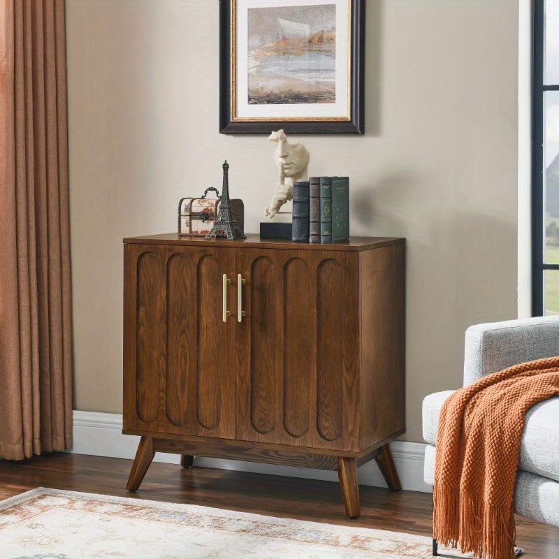 Mid Century Modern Fluted Coffee Table with Storage Sliding Door & Solid Wood Leg Vintage Farmhouse Wood Center Table
