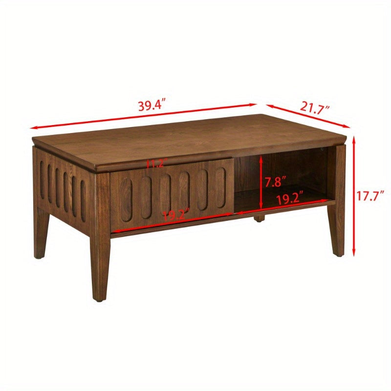 Mid Century Modern Fluted Coffee Table with Storage Sliding Door & Solid Wood Leg Vintage Farmhouse Wood Center Table