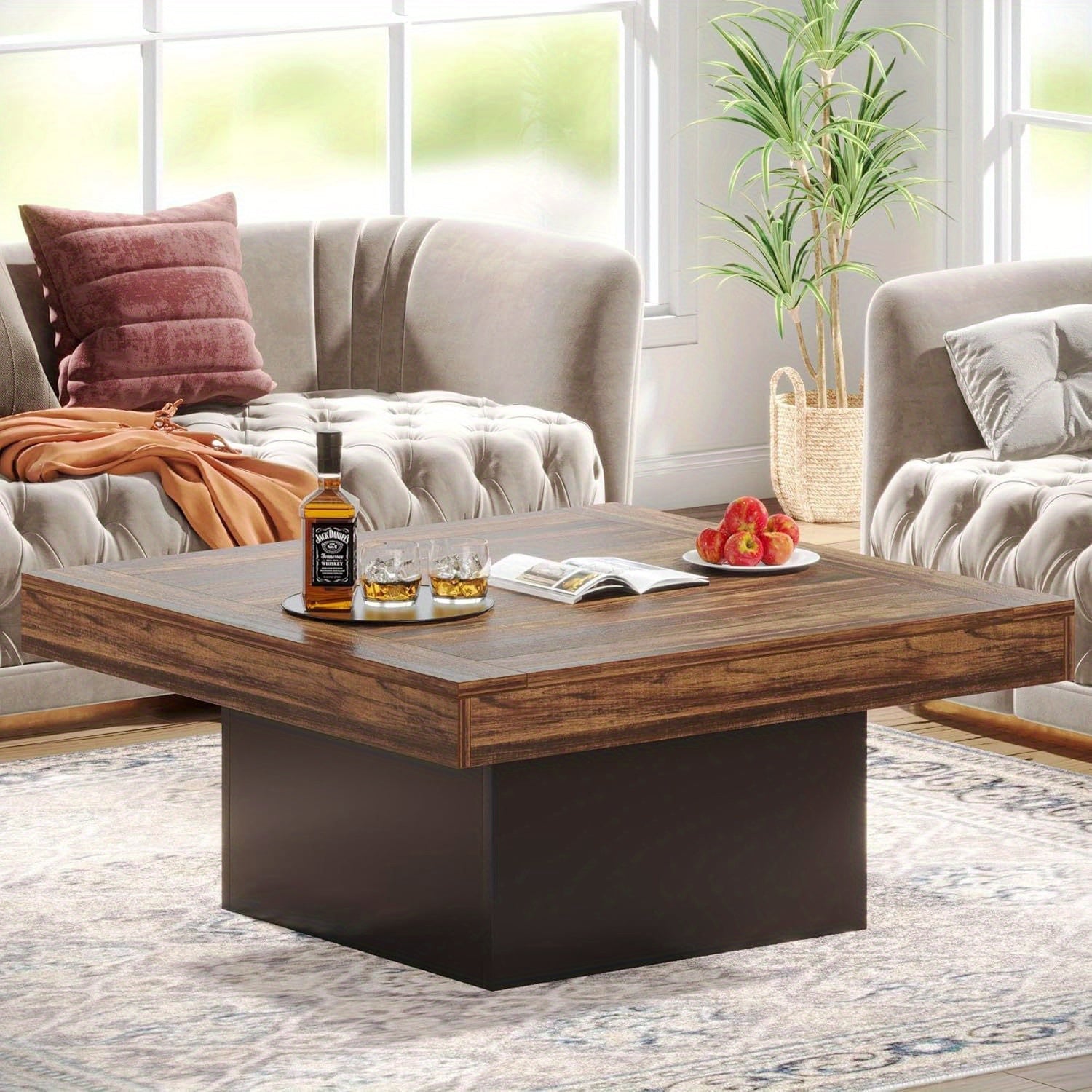 Square LED Coffee Table, Engineered Wood, Low Profile, Rustic Brown & Black, Living Room Furniture, Christmas Renewal