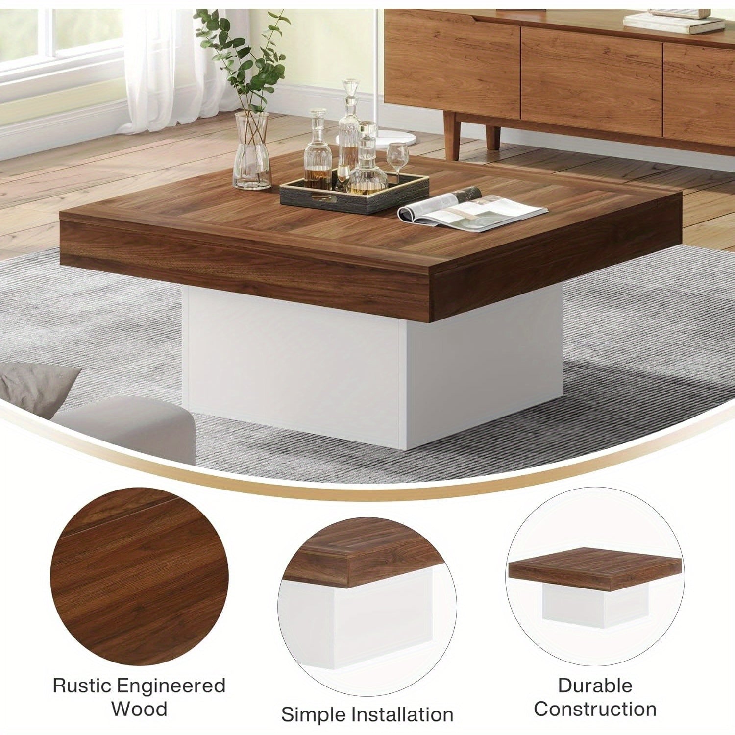 Square LED Coffee Table, Engineered Wood, Low Profile, Rustic Brown & Black, Living Room Furniture, Christmas Renewal