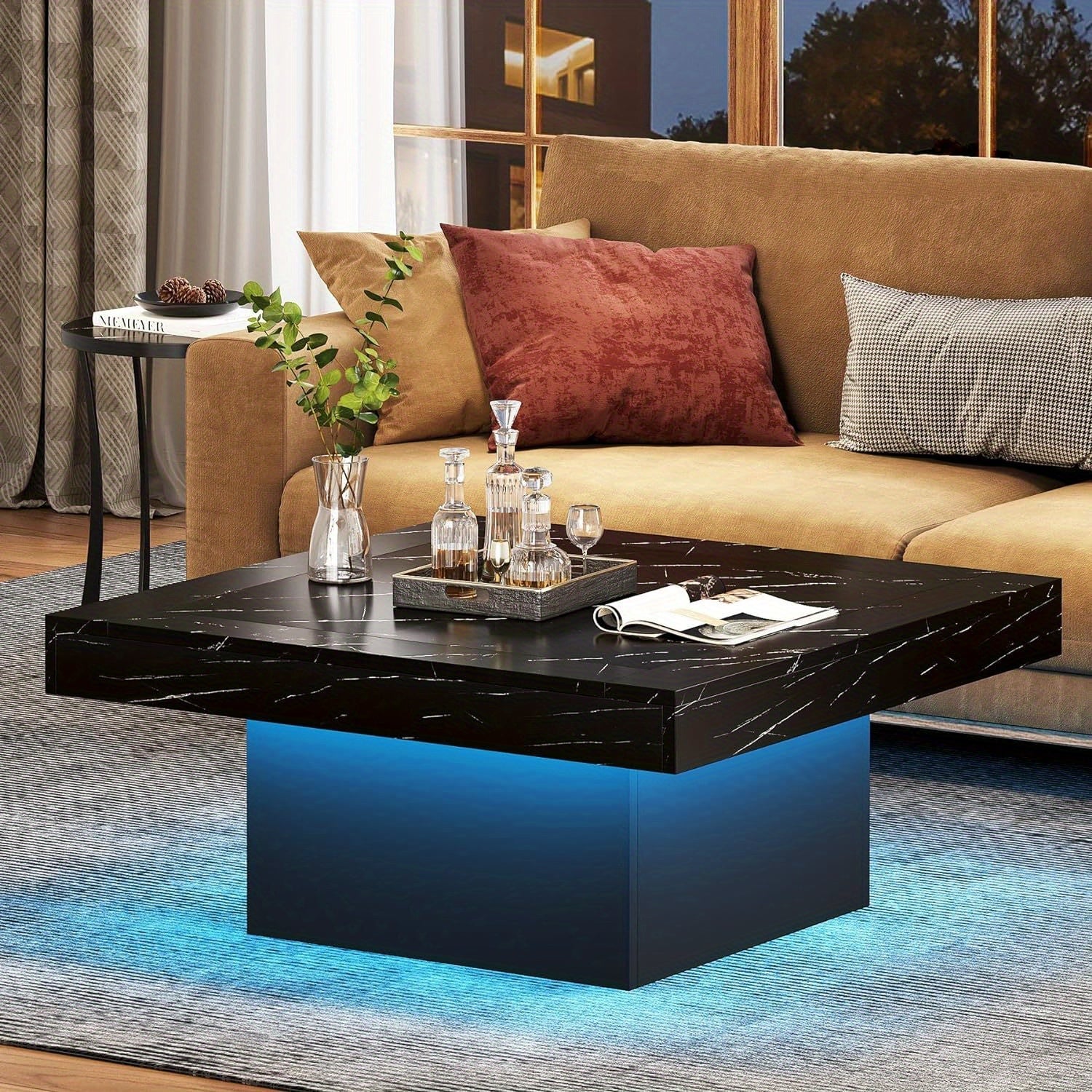 Square LED Coffee Table, Engineered Wood, Low Profile, Rustic Brown & Black, Living Room Furniture, Christmas Renewal