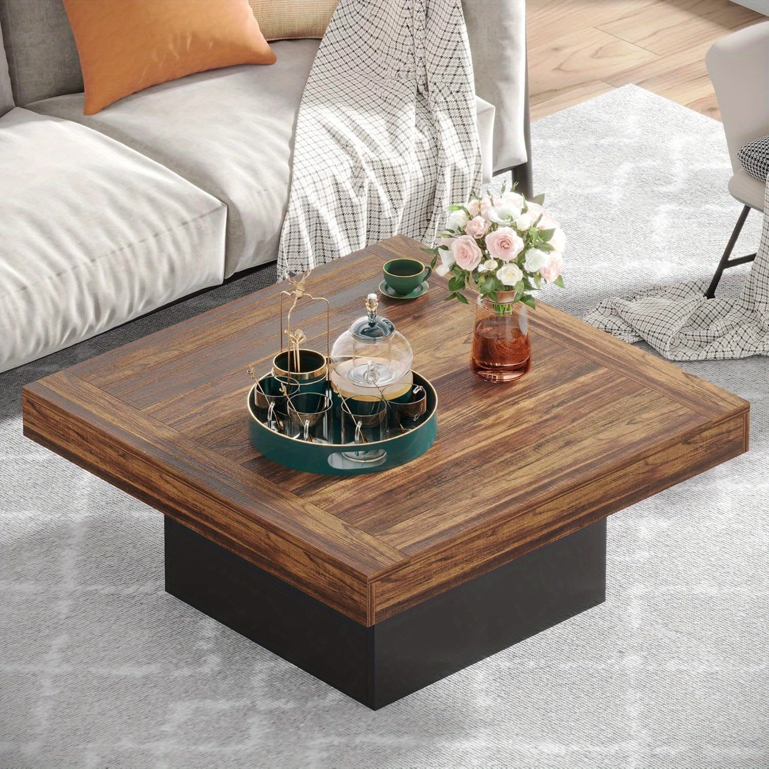 Square LED Coffee Table, Engineered Wood, Low Profile, Rustic Brown & Black, Living Room Furniture, Christmas Renewal