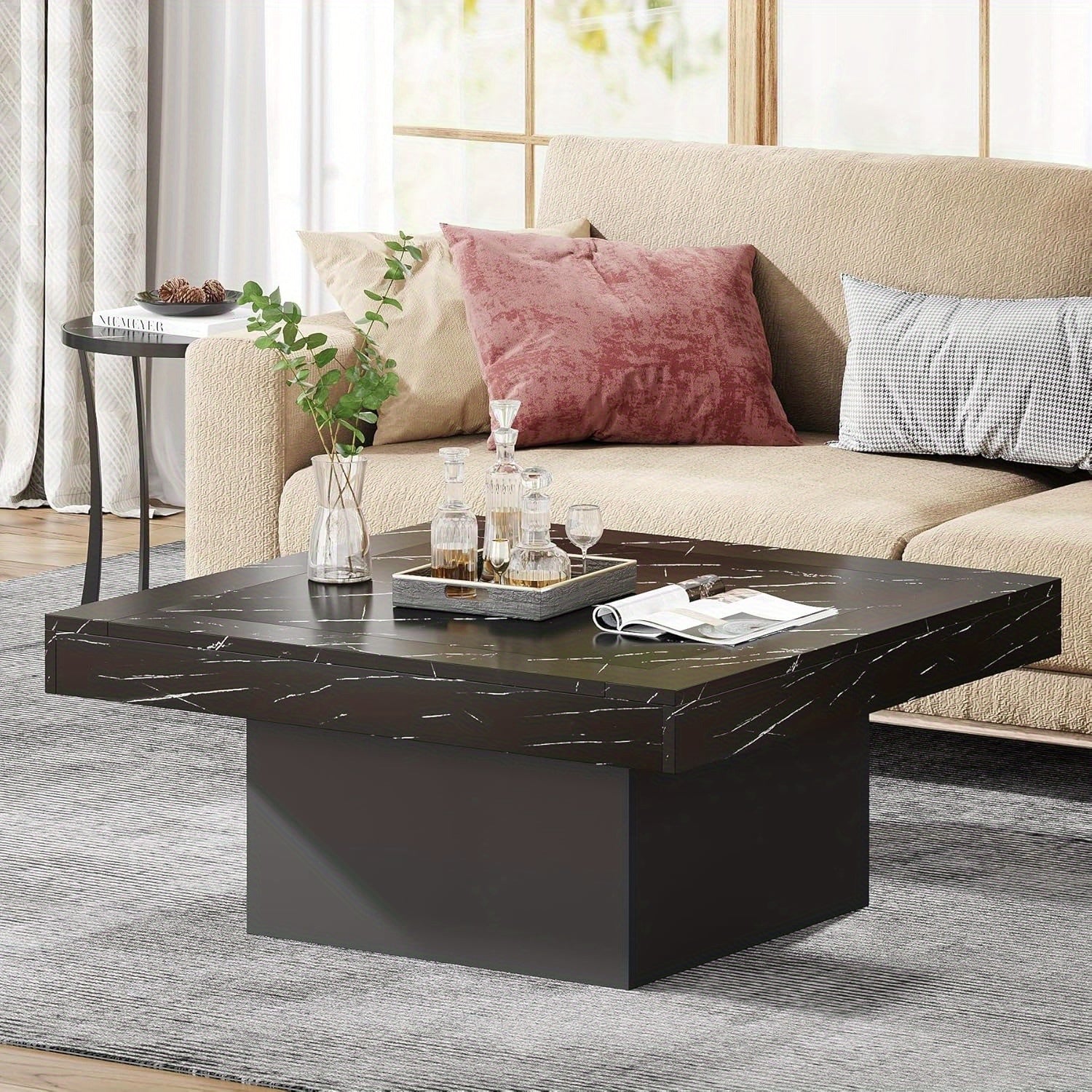 Square LED Coffee Table, Engineered Wood, Low Profile, Rustic Brown & Black, Living Room Furniture, Christmas Renewal