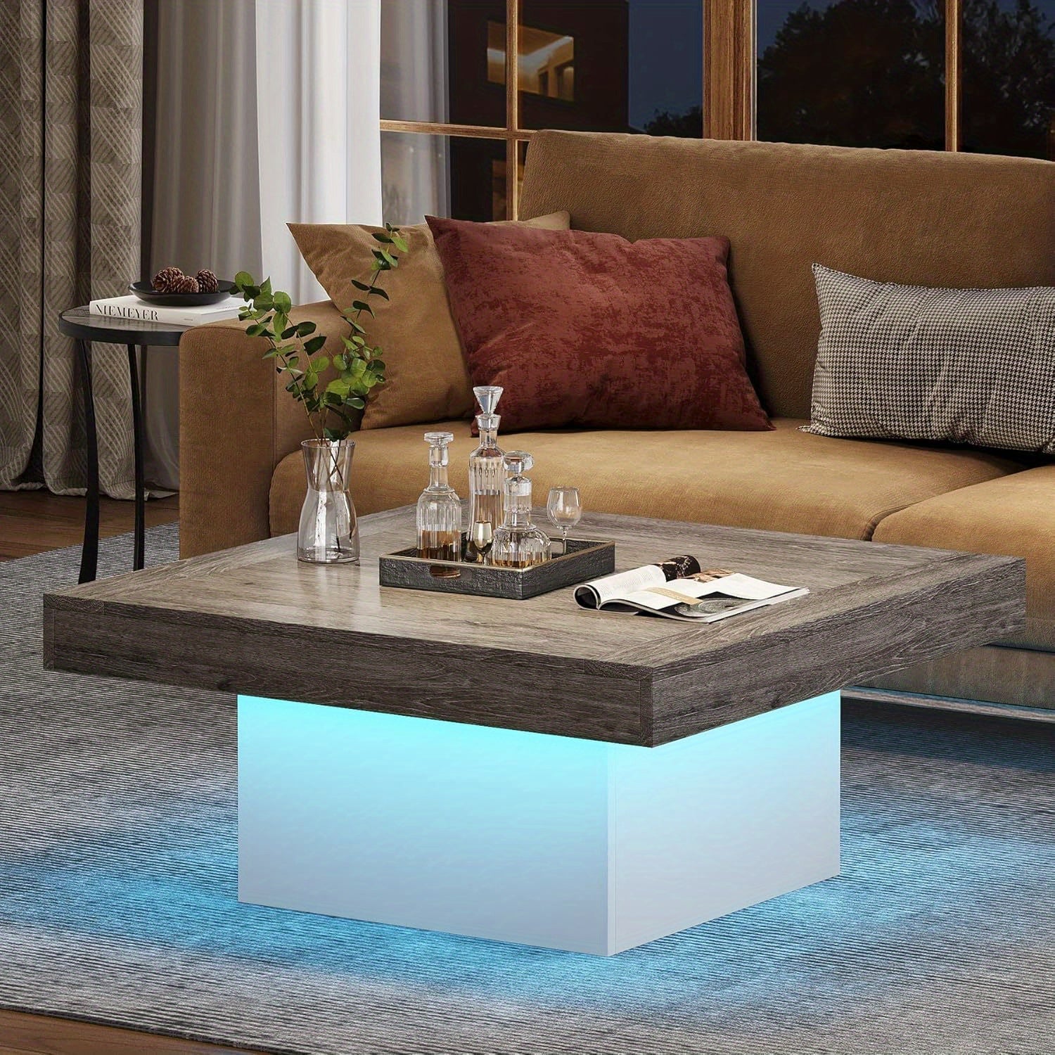 Square LED Coffee Table, Engineered Wood, Low Profile, Rustic Brown & Black, Living Room Furniture, Christmas Renewal