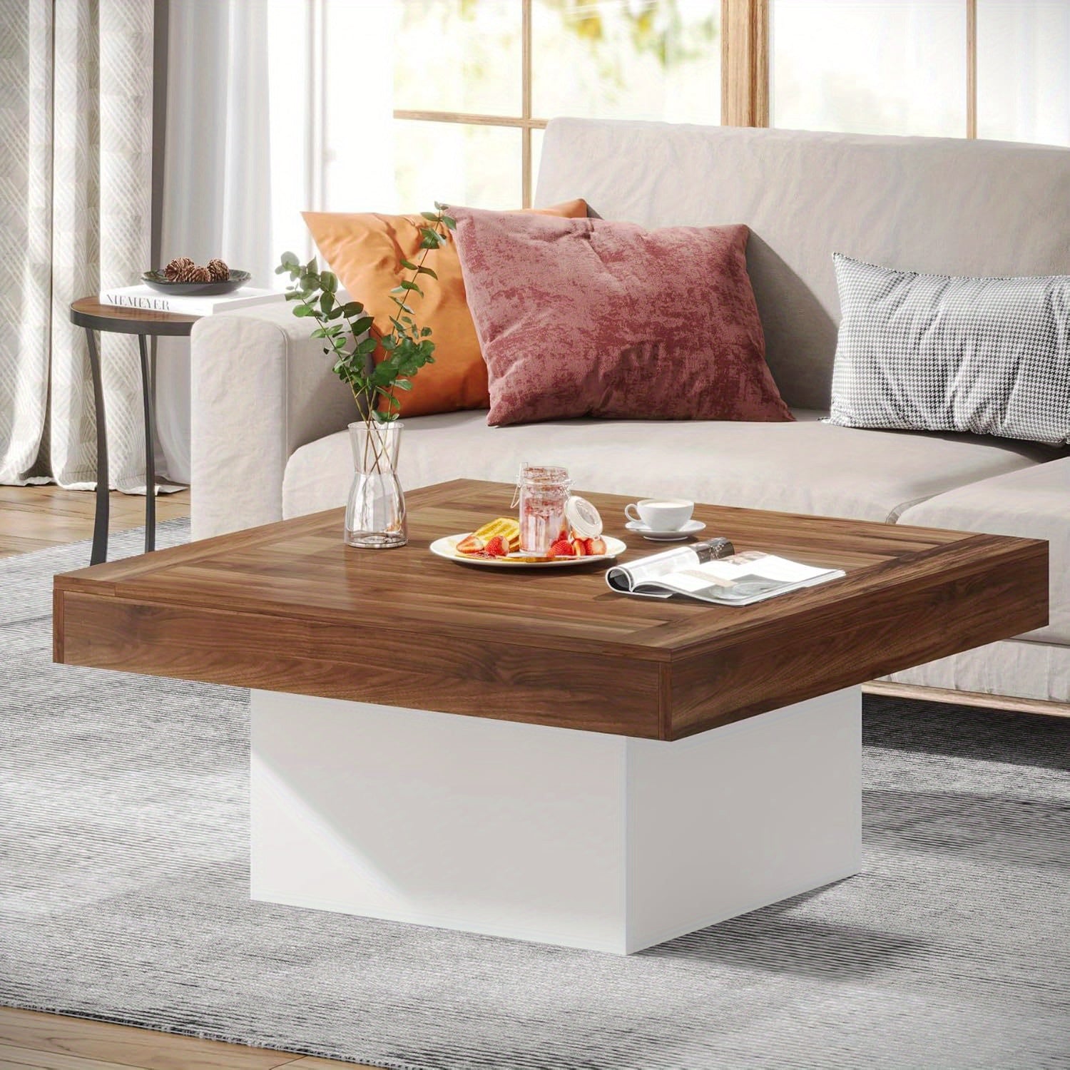 Square LED Coffee Table, Engineered Wood, Low Profile, Rustic Brown & Black, Living Room Furniture, Christmas Renewal