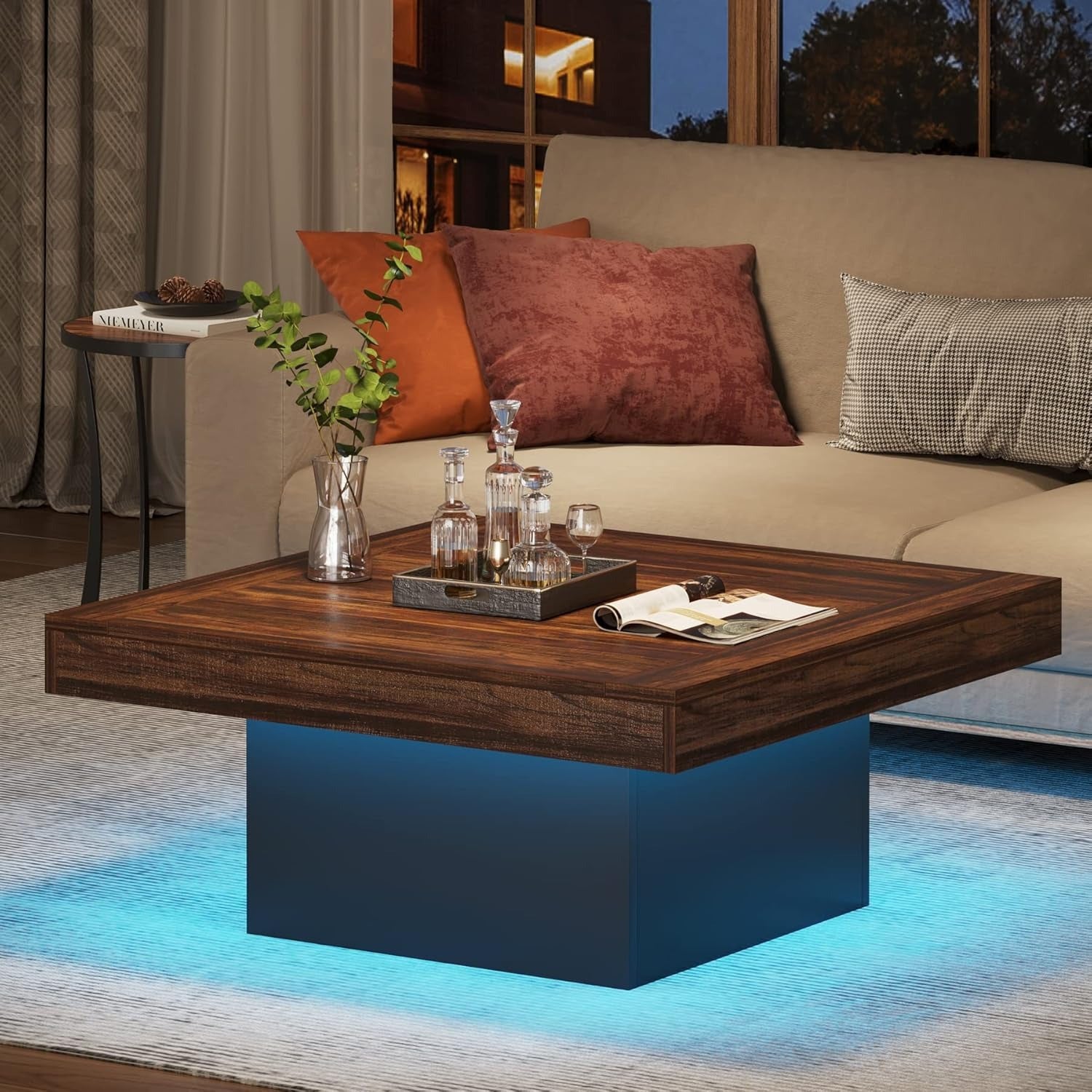 Square LED Coffee Table, Engineered Wood, Low Profile, Rustic Brown & Black, Living Room Furniture, Christmas Renewal