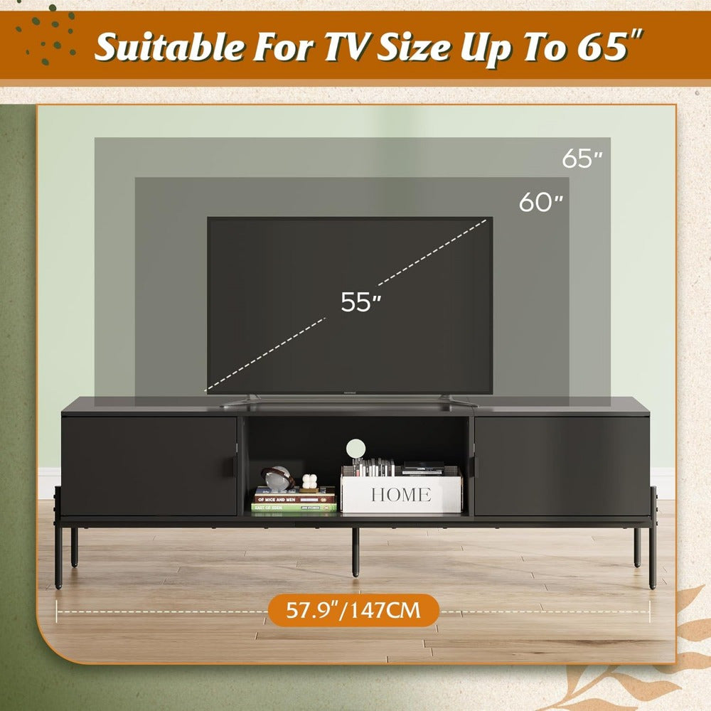 Modern TV Stand for 65 Inch TV, Mid Century Entainment Center with Storage, TV Console with Open Shelf and 2 Cabinets for Bedroom and Living Room, TV Cabinet with Metal Legs, Black