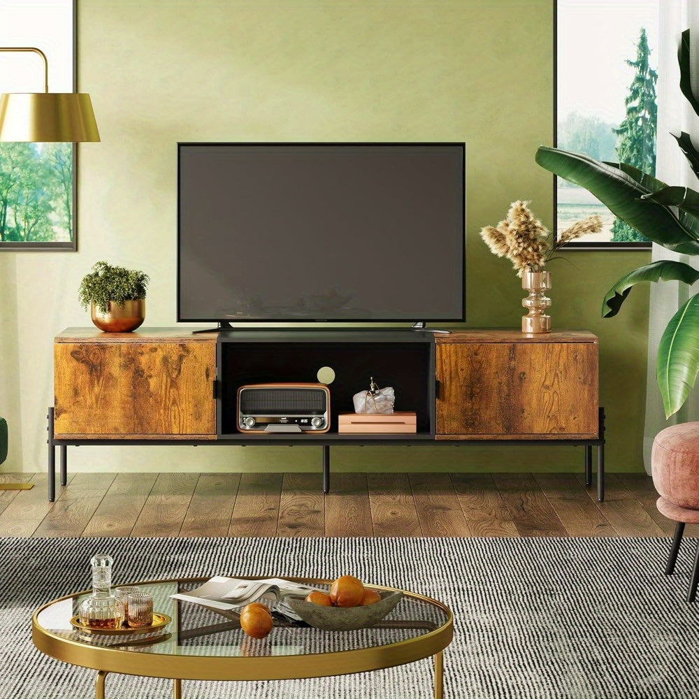 Modern TV Stand for 65 Inch TV, Mid Century Entainment Center with Storage, TV Console with Open Shelf and 2 Cabinets for Bedroom and Living Room, TV Cabinet with Metal Legs, Black