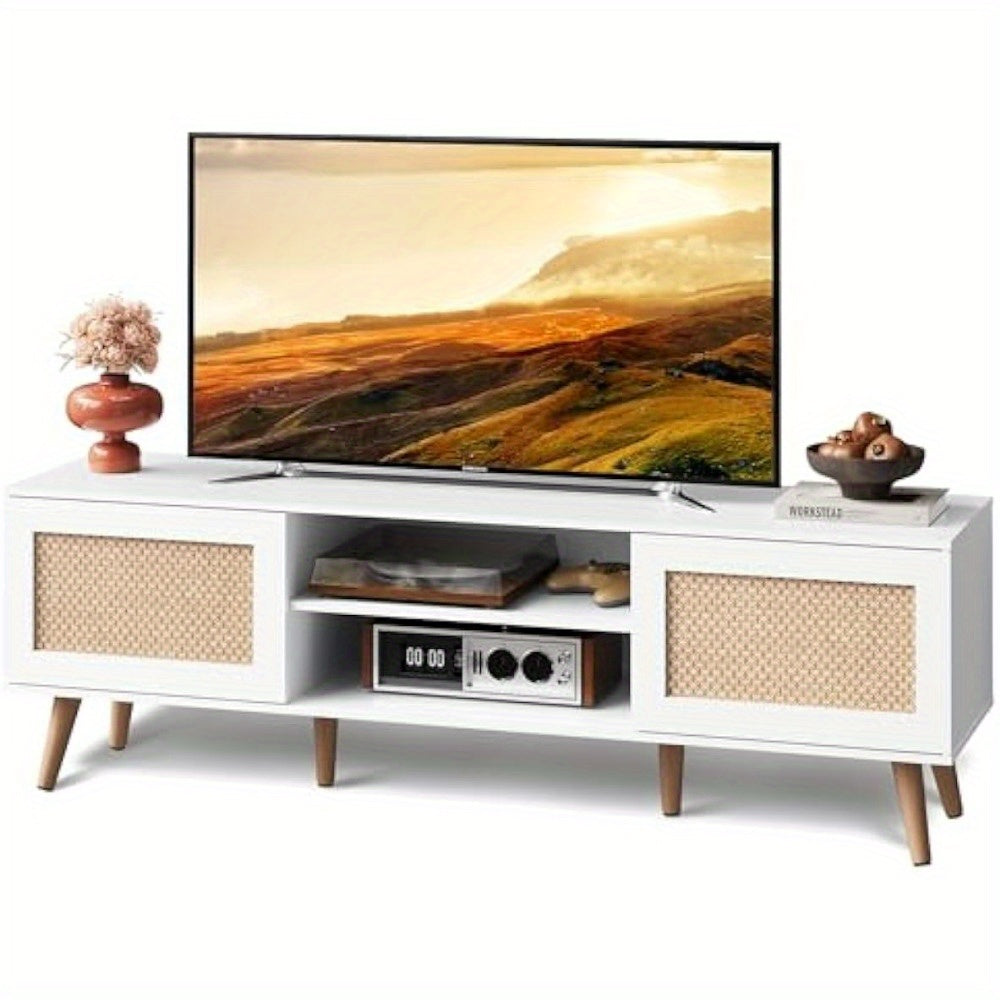 58 Inch TV Stand, Boho Entertainment Center for 65 Inch TV, TV Console with 2 Storage Cabinets, Rattan TV Stands with 3 Tier Adjustable Shelves, 58" TV Stand for Living Room, White