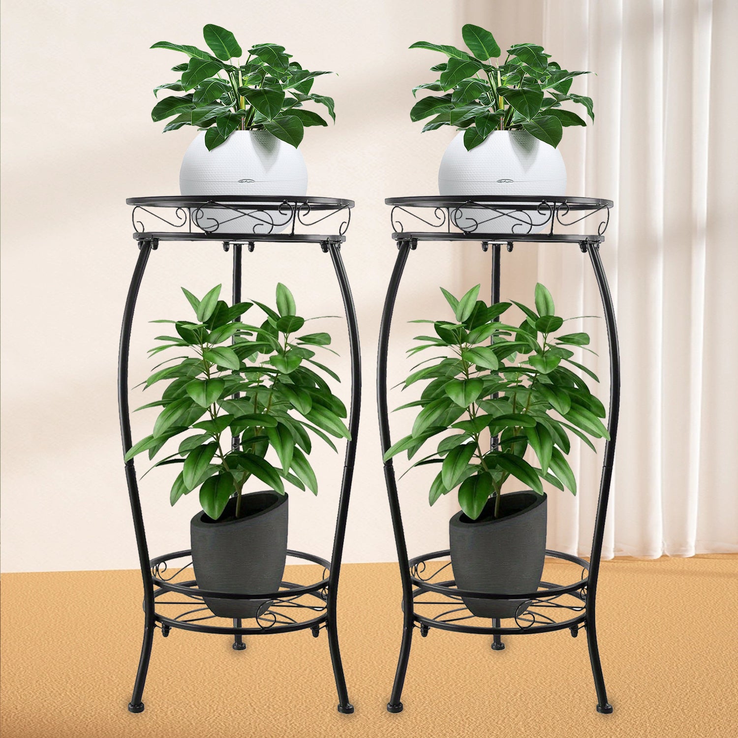 2pcs Plant Stand Indoor Outdoor, 27.1'' 2 Tier Metal Round Plant Stands, Rustproof Corner Tall Flower Potted Stand, Heavy Duty Plant Holder Rack for Home, Garden, Plant Lovers (Black)