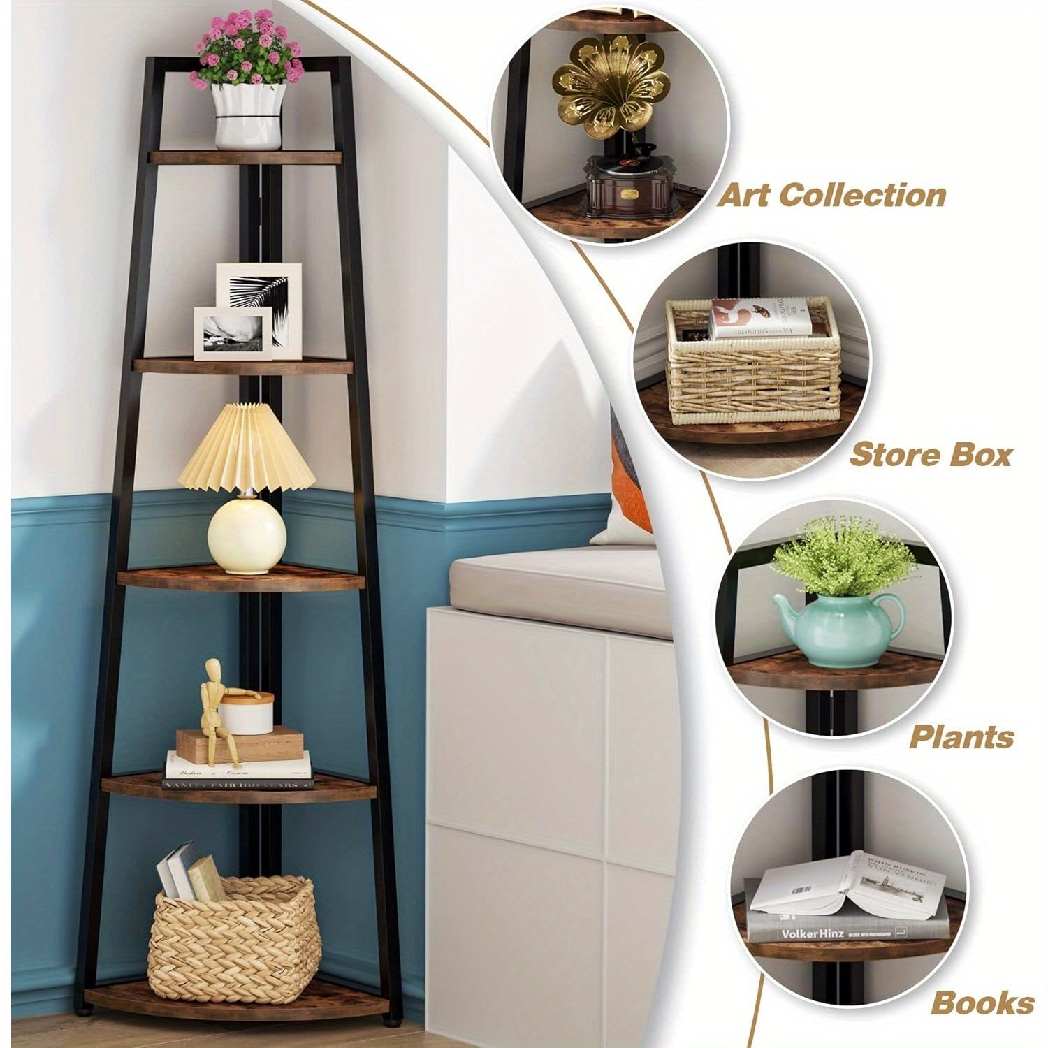 5 Tier Corner storage shelves and Bookcase 181cm Tall Corner Shelves Standing Shelving Unit Indoor Plant Stand for Home