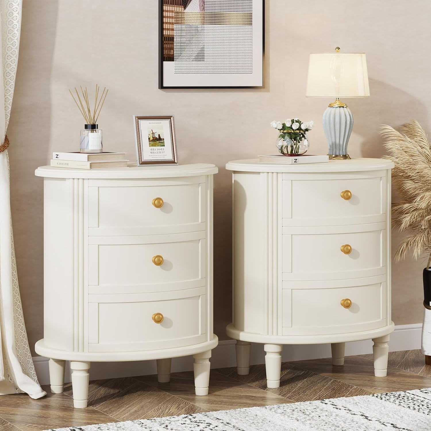 Nightstand with 3 Drawers, Oval Bed Side Table for Bedroom, Fully Assembled, Farmhouse Night Stand with Storage, Wooden Side End Table with Solid Wood Legs for Living Room, Beige White