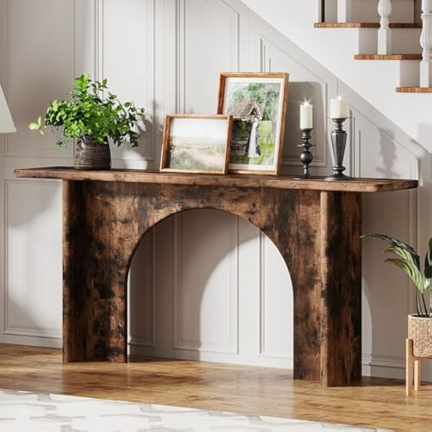 Elegant 63-Inch Rustic Brown Console Table with Curved Arch Brace - Sturdy Engineered Wood, Ideal for Entryway, Hallway, Living Room - Adds Warmth & Style, Table Decor