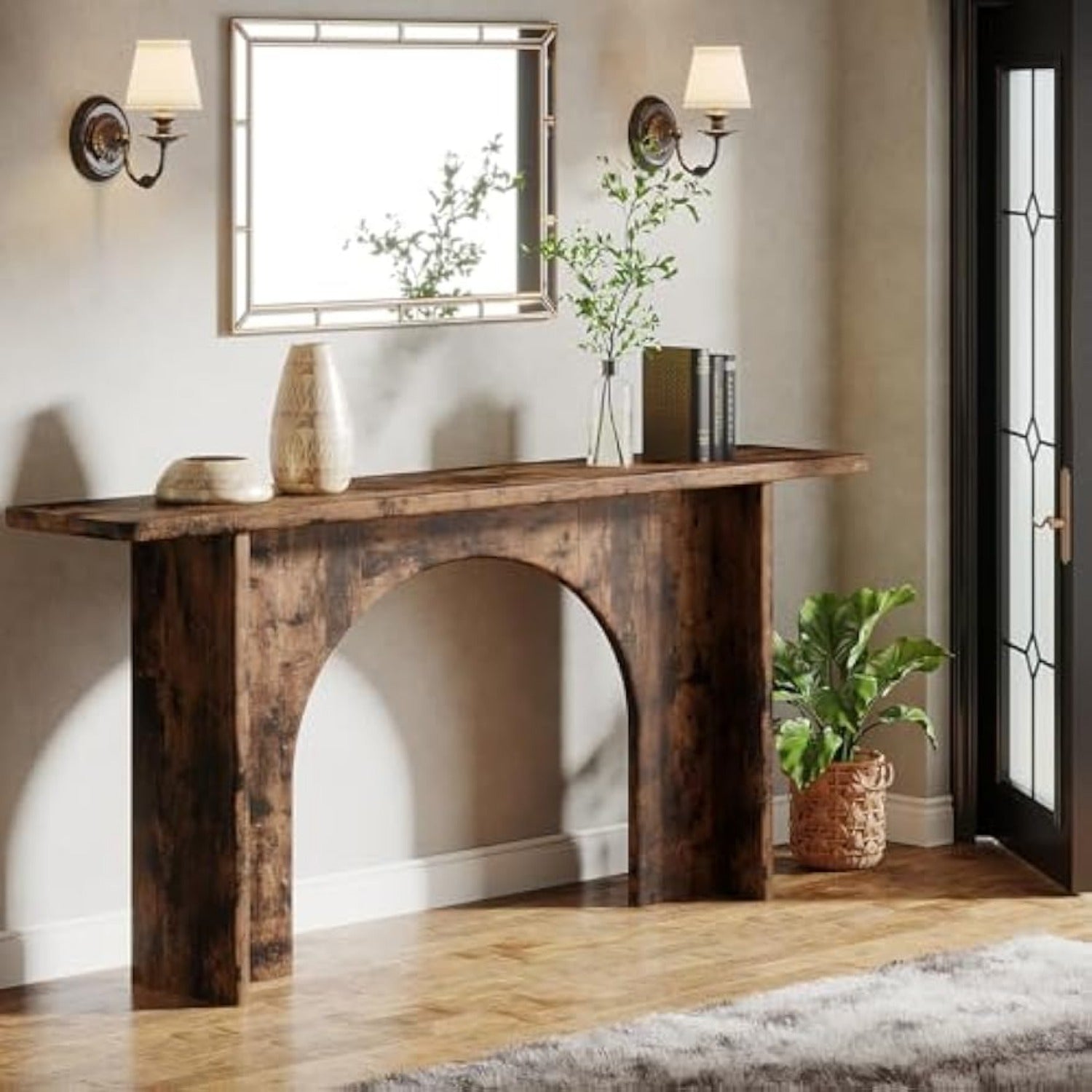 Elegant 63-Inch Rustic Brown Console Table with Curved Arch Brace - Sturdy Engineered Wood, Ideal for Entryway, Hallway, Living Room - Adds Warmth & Style, Table Decor