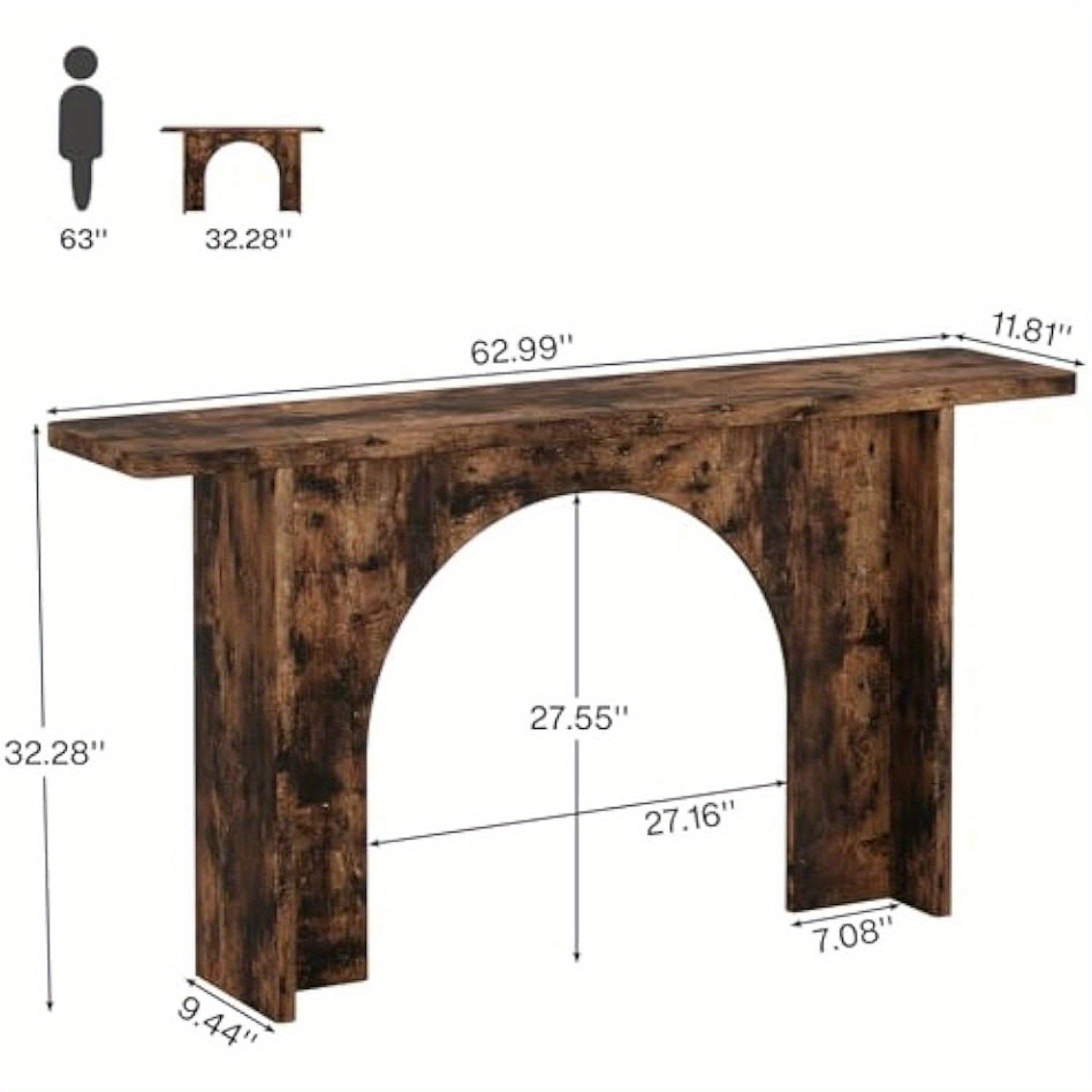 Elegant 63-Inch Rustic Brown Console Table with Curved Arch Brace - Sturdy Engineered Wood, Ideal for Entryway, Hallway, Living Room - Adds Warmth & Style, Table Decor