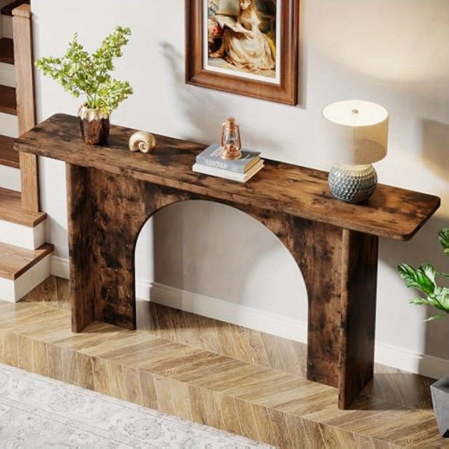 Elegant 63-Inch Rustic Brown Console Table with Curved Arch Brace - Sturdy Engineered Wood, Ideal for Entryway, Hallway, Living Room - Adds Warmth & Style, Table Decor