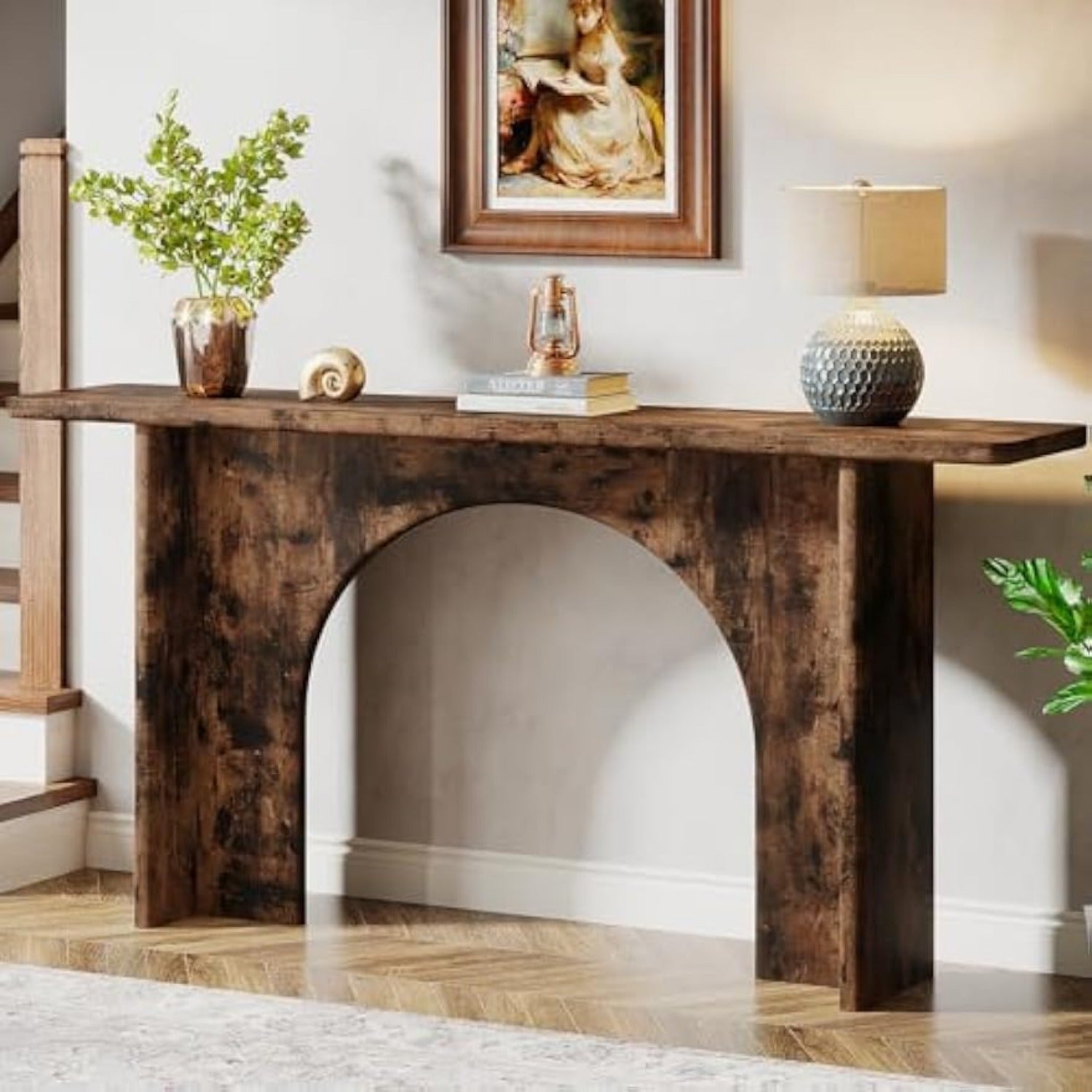 Elegant 63-Inch Rustic Brown Console Table with Curved Arch Brace - Sturdy Engineered Wood, Ideal for Entryway, Hallway, Living Room - Adds Warmth & Style, Table Decor