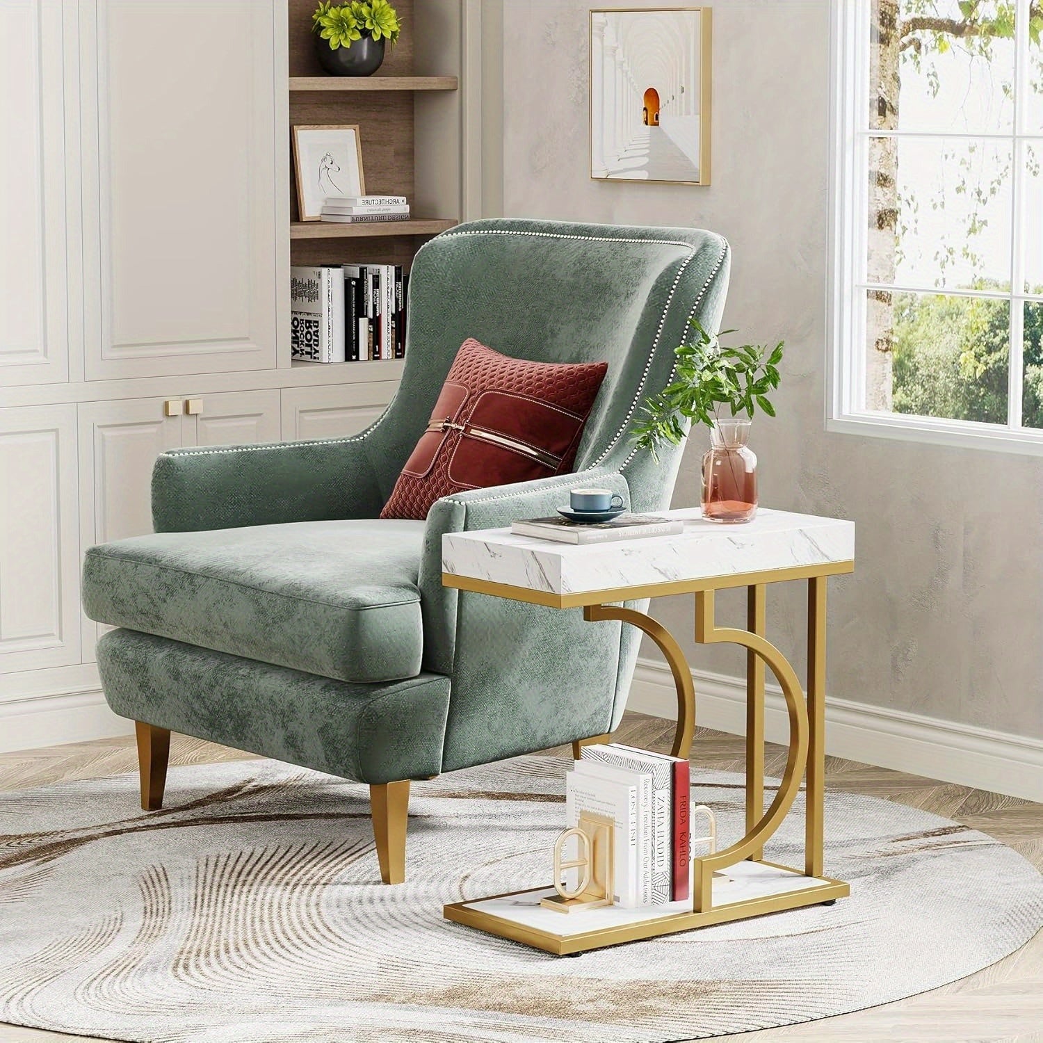 Narrow Side Table White Gold Side Table C Shaped End Table Modern Bedside Table Small Side Table for Couch, Sofa Table with Metal Frame for Reception Room (1)