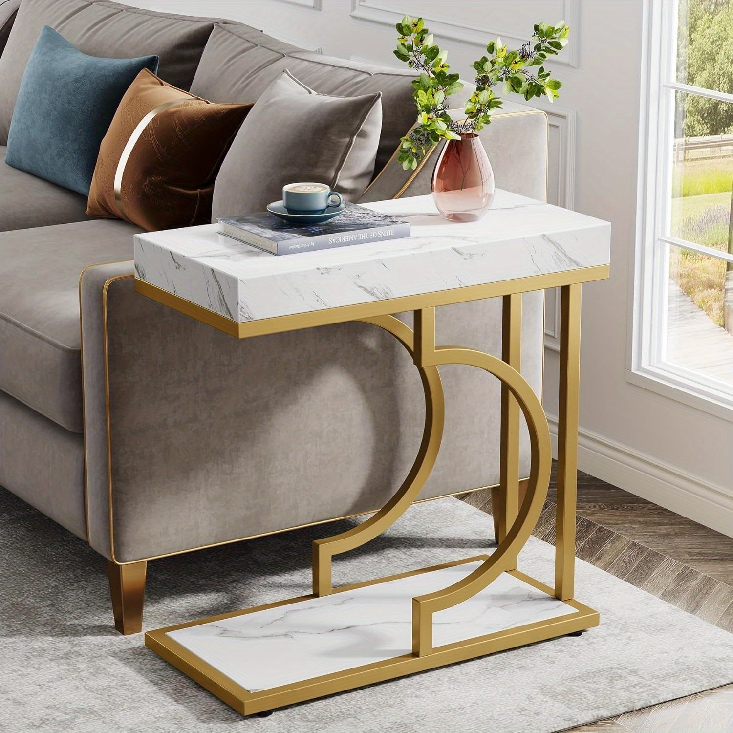 Narrow Side Table White Gold Side Table C Shaped End Table Modern Bedside Table Small Side Table for Couch, Sofa Table with Metal Frame for Reception Room (1)