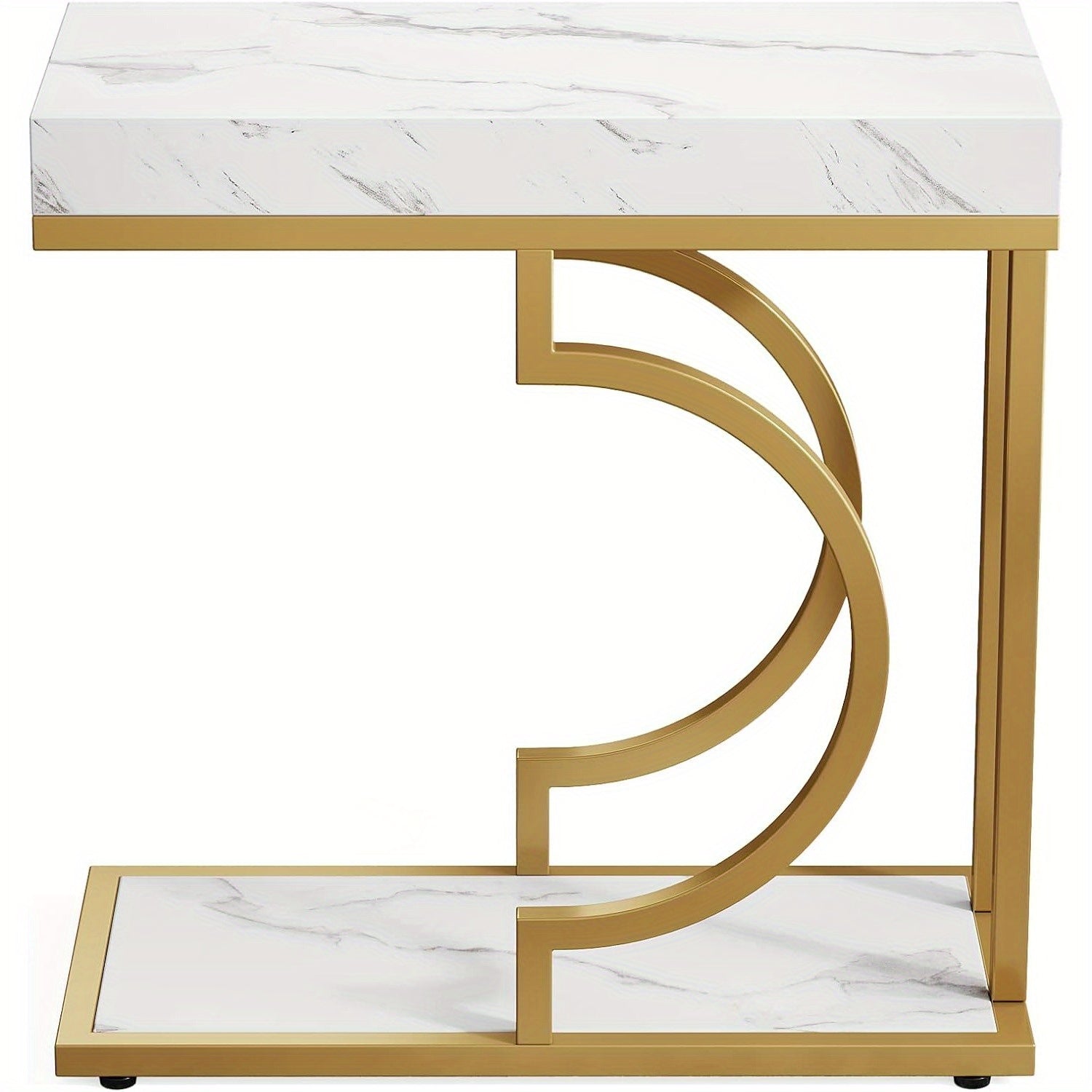 Narrow Side Table White Gold Side Table C Shaped End Table Modern Bedside Table Small Side Table for Couch, Sofa Table with Metal Frame for Reception Room (1)