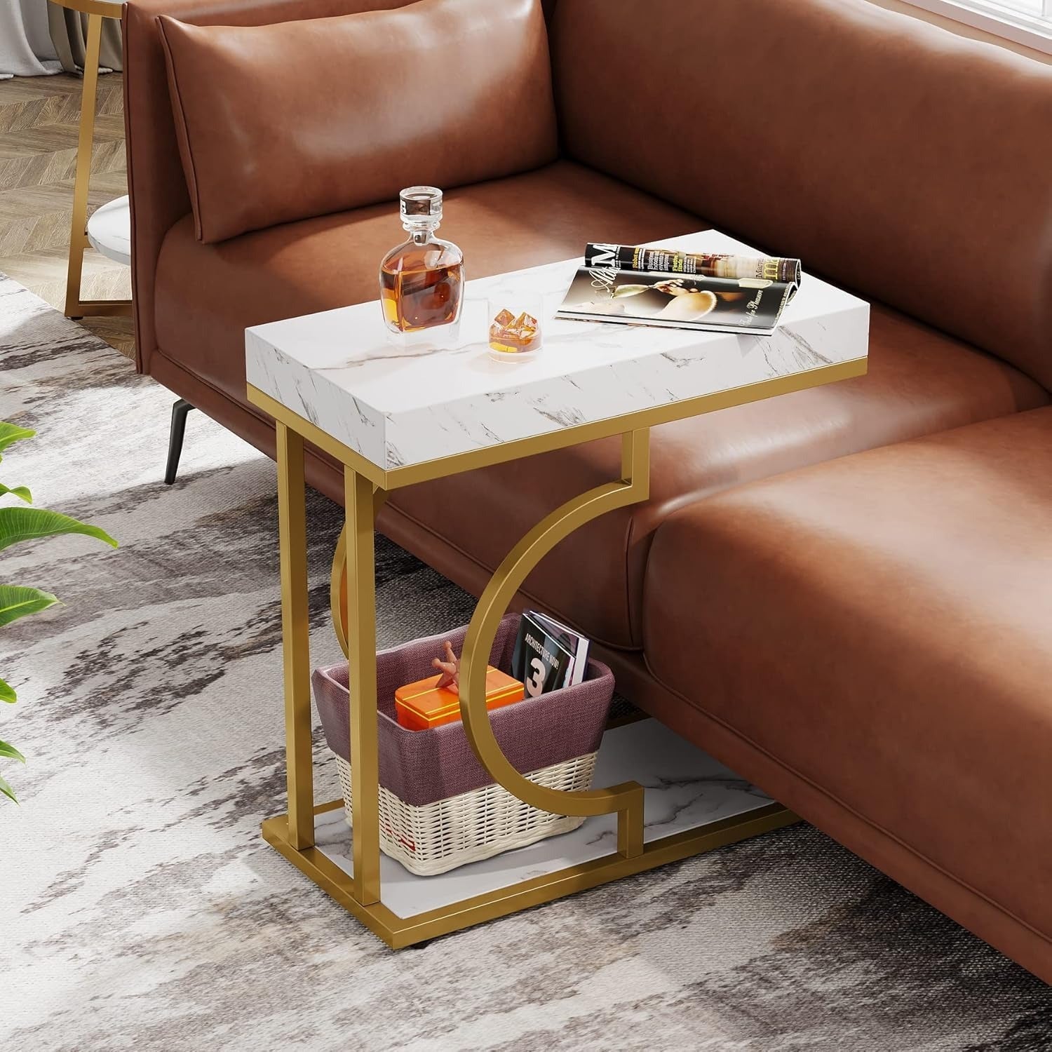 Narrow Side Table White Gold Side Table C Shaped End Table Modern Bedside Table Small Side Table for Couch, Sofa Table with Metal Frame for Reception Room (1)