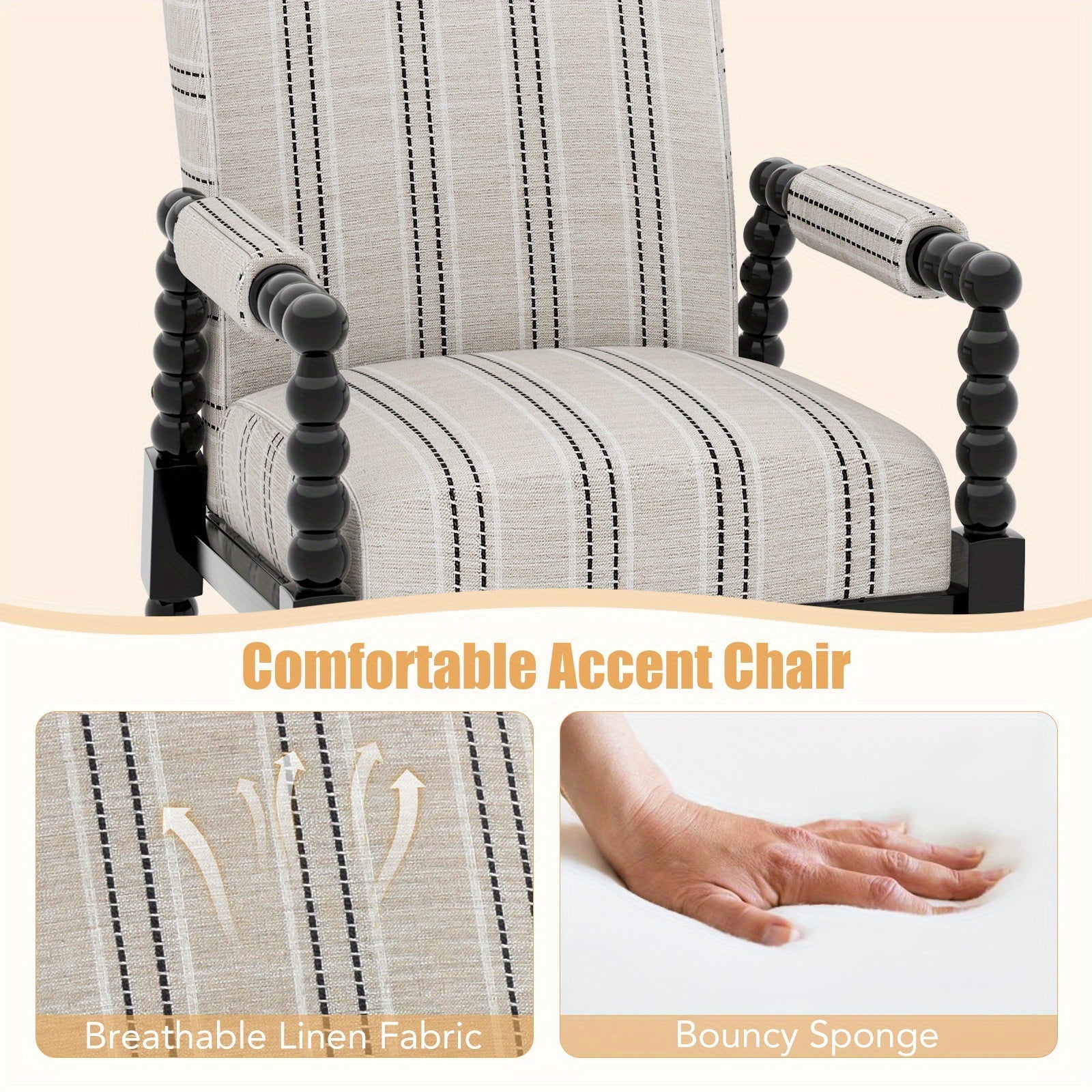 Accent Chair, Upholstered Armchair with Rubber Wood Frame, Ergonomic Backrest & Fabric Covered Armrests, Cushioned Sofa Chair with Stripe Patterns, Comfy Reading Chair for Living Room, Beige + Black