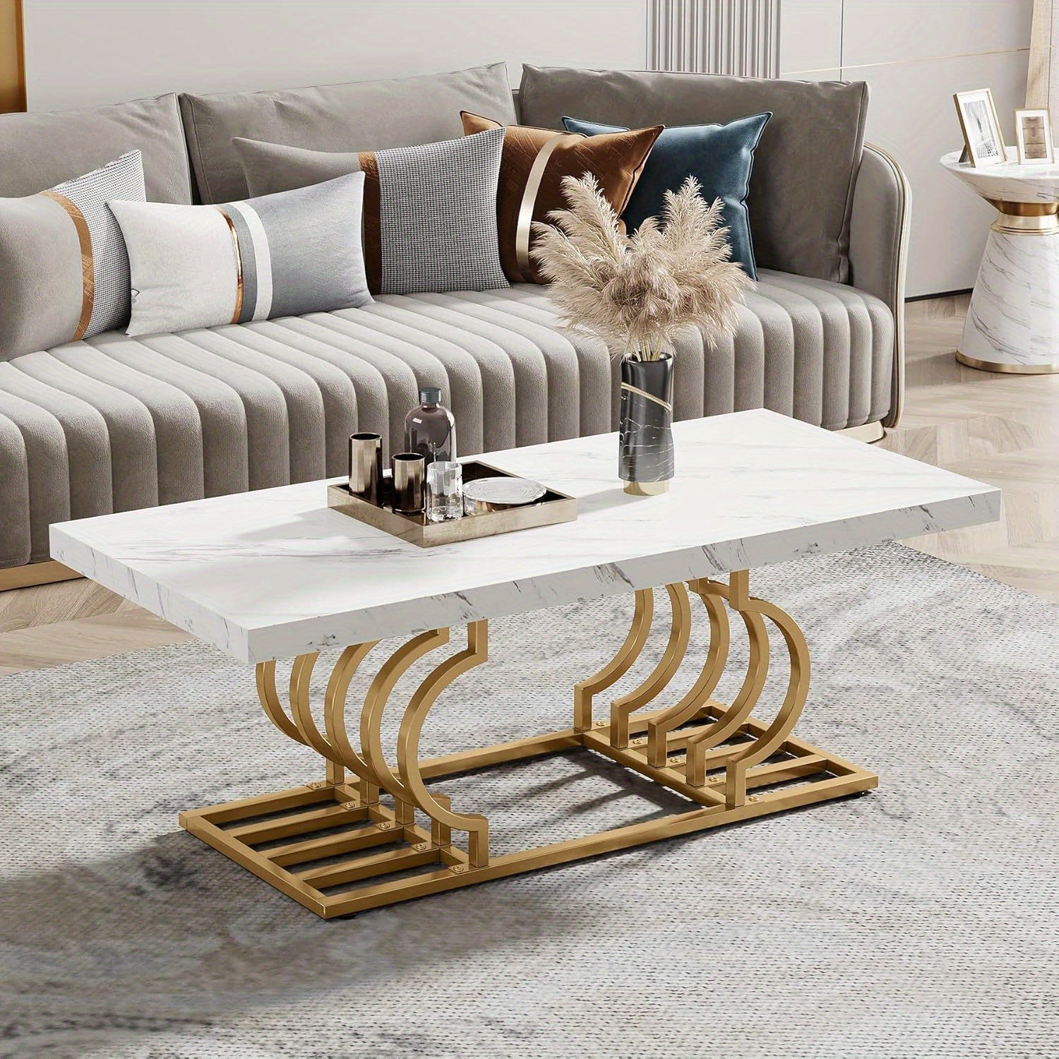 1pc Portable Bars, 119cm Faux Marble Coffee Table With Gold Geometric Frame, Rectangular Living Room Centerpiece, Easy Assembly, Modern Accent Furniture, White & Gold Finish, Christmas Renewal