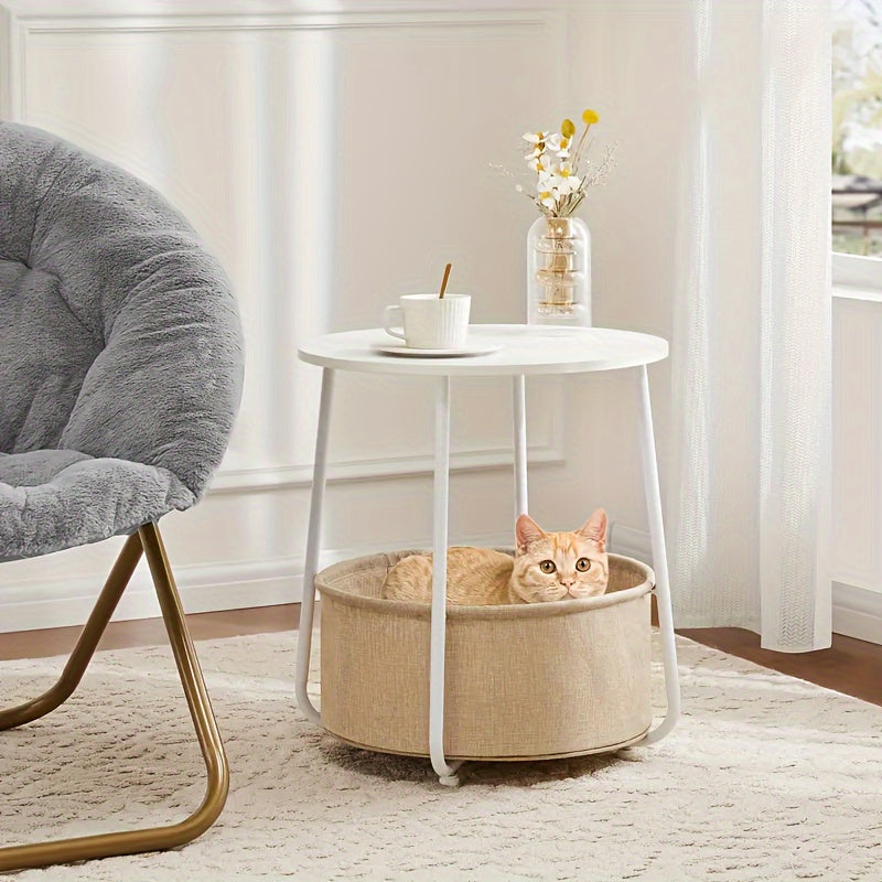 Chic Small Round Side Table with Cat-Friendly Design - Metal Frame, Lightweight, Easy Assembly - Perfect for Living Room, Dining Area, Bedroom - Available in Black and Gray, Table Decor