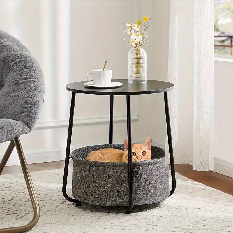 Chic Small Round Side Table with Cat-Friendly Design - Metal Frame, Lightweight, Easy Assembly - Perfect for Living Room, Dining Area, Bedroom - Available in Black and Gray, Table Decor