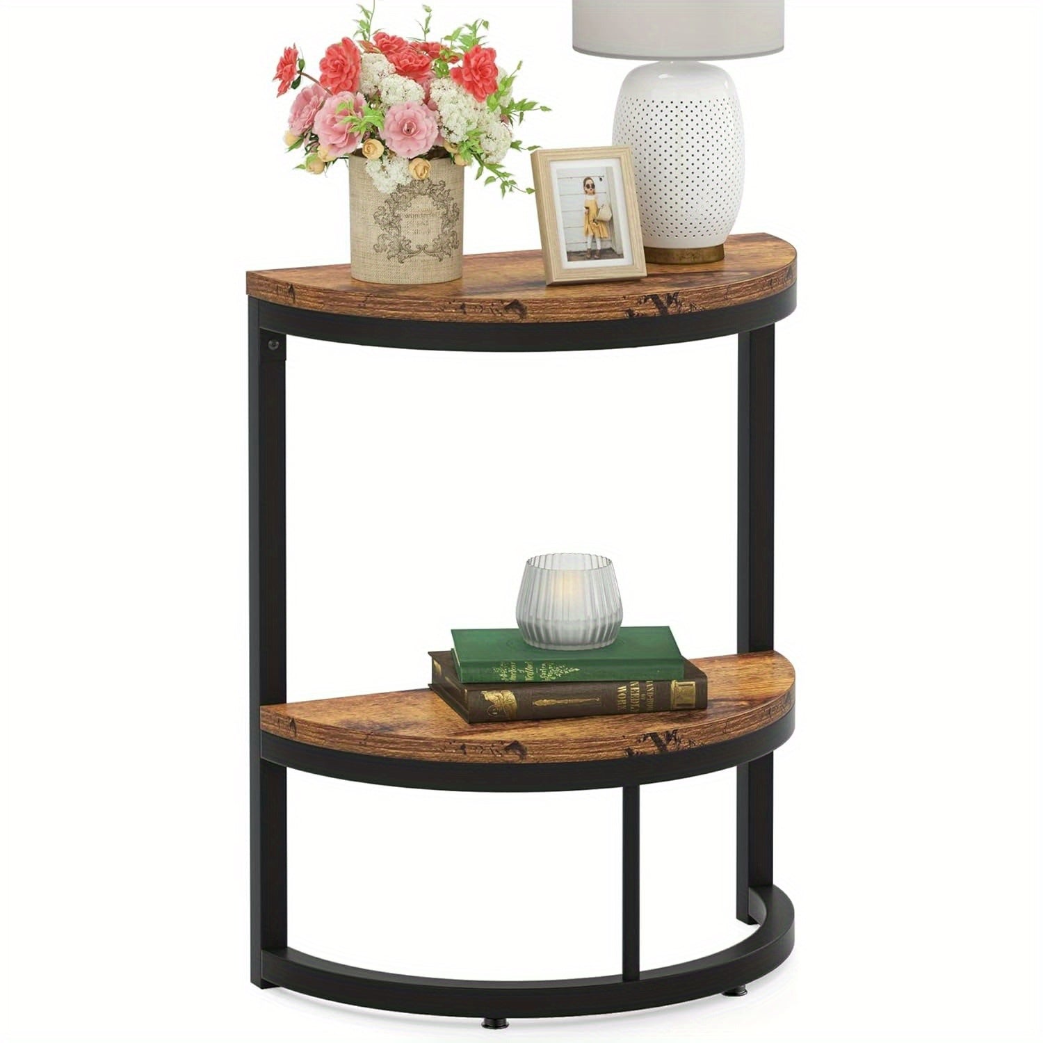 2-Tier End Table Semi Circle, Small Half Round Side Table with Storage Shelf, Wood Accent Table Slim C Table for Sofa Couch, Living Room, Bedroom, Small Space, Easy Assembly, Rustic Brown