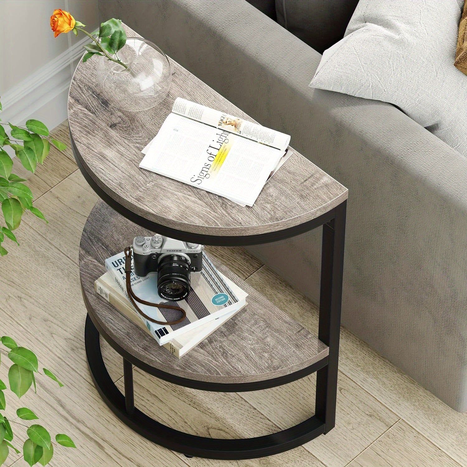 2-Tier End Table Semi Circle, Small Half Round Side Table with Storage Shelf, Wood Accent Table Slim C Table for Sofa Couch, Living Room, Bedroom, Small Space, Easy Assembly, Rustic Brown