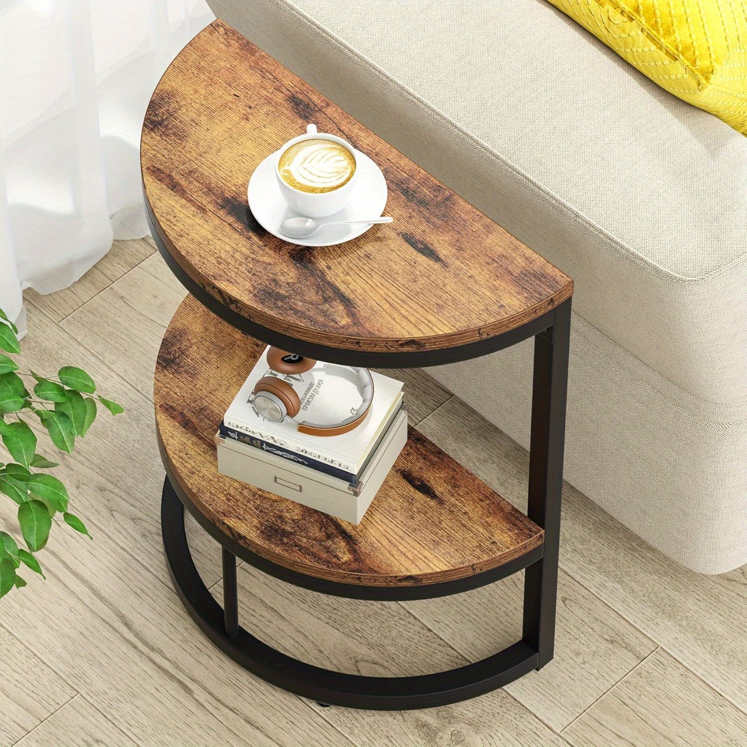 2-Tier End Table Semi Circle, Small Half Round Side Table with Storage Shelf, Wood Accent Table Slim C Table for Sofa Couch, Living Room, Bedroom, Small Space, Easy Assembly, Rustic Brown