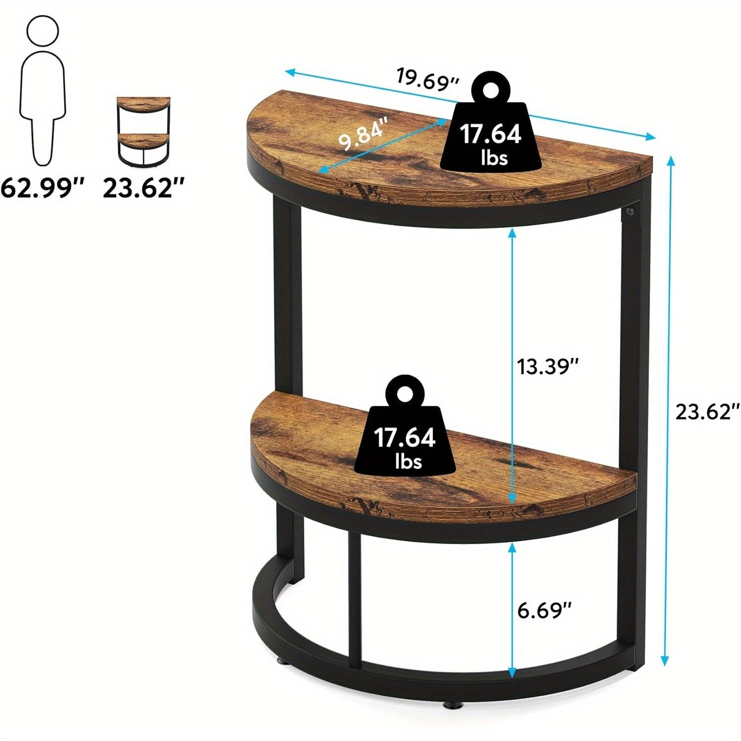 2-Tier End Table Semi Circle, Small Half Round Side Table with Storage Shelf, Wood Accent Table Slim C Table for Sofa Couch, Living Room, Bedroom, Small Space, Easy Assembly, Rustic Brown