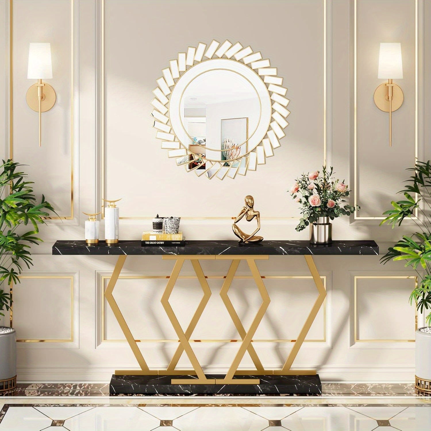 70.9 Inch Extra Long Sofa Table, Black and Gold Console Table with Faux Marble Tabletop, Modern Long Entryway Table with Gold Frame