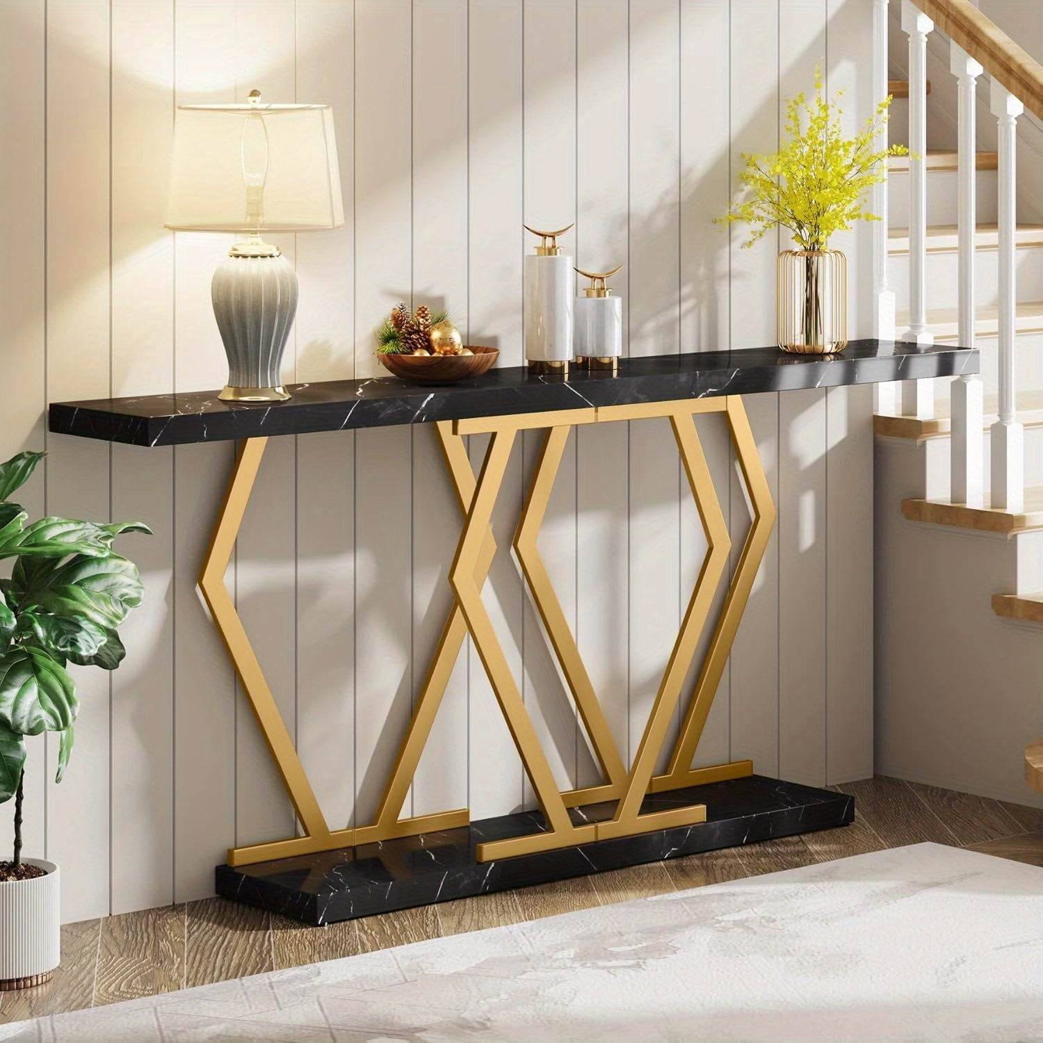 70.9 Inch Extra Long Sofa Table, Black and Gold Console Table with Faux Marble Tabletop, Modern Long Entryway Table with Gold Frame